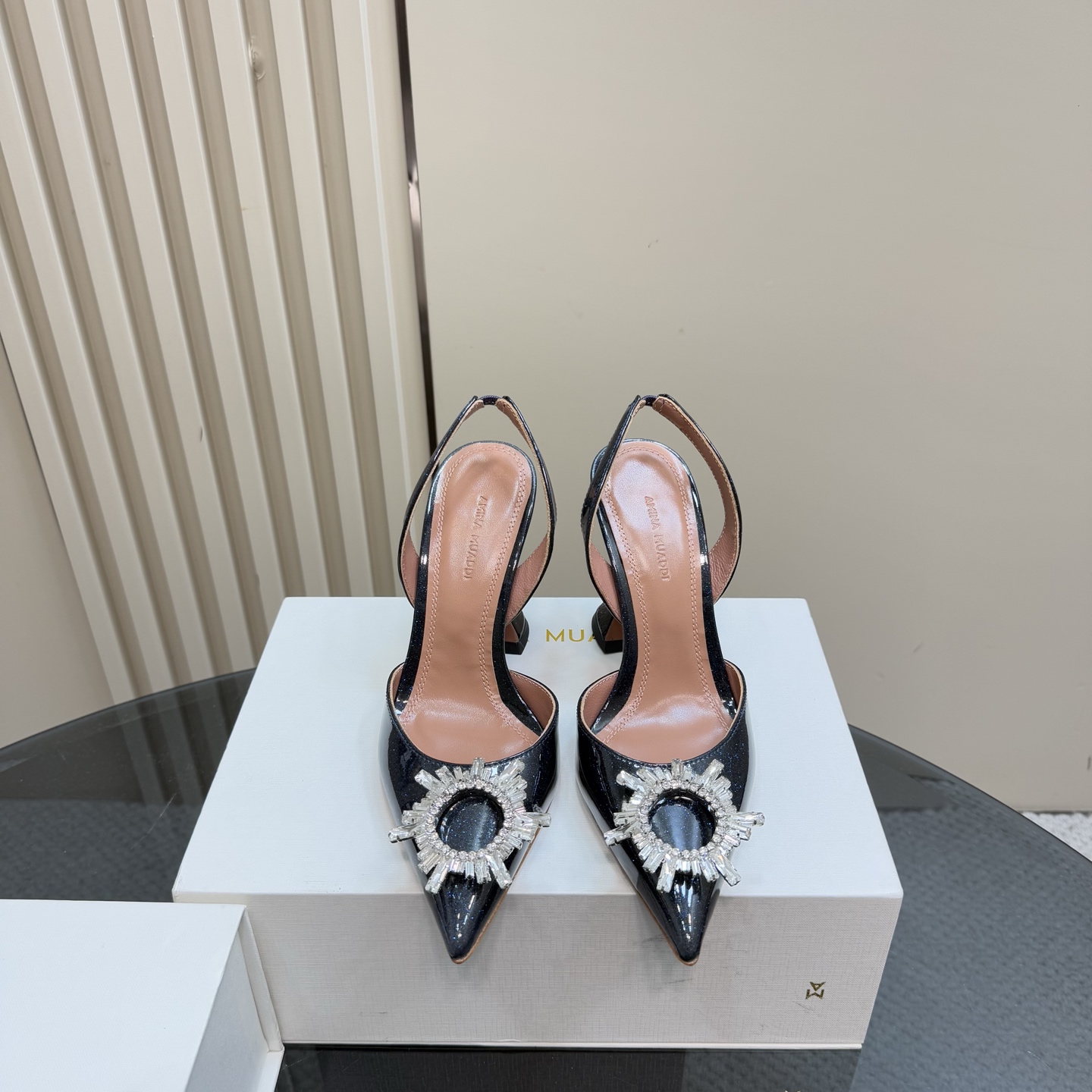 Amina Muaddi Black Patent Leather Slingback Heels with Crystal Embellishment 4 i1744188024676 7929 0 1