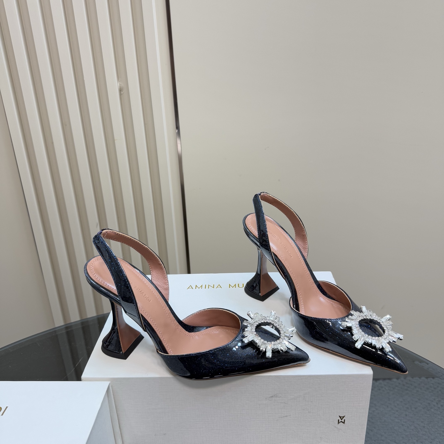 Amina Muaddi Black Patent Leather Slingback Heels with Crystal Embellishment 6 i1744188024679 5918 0 3