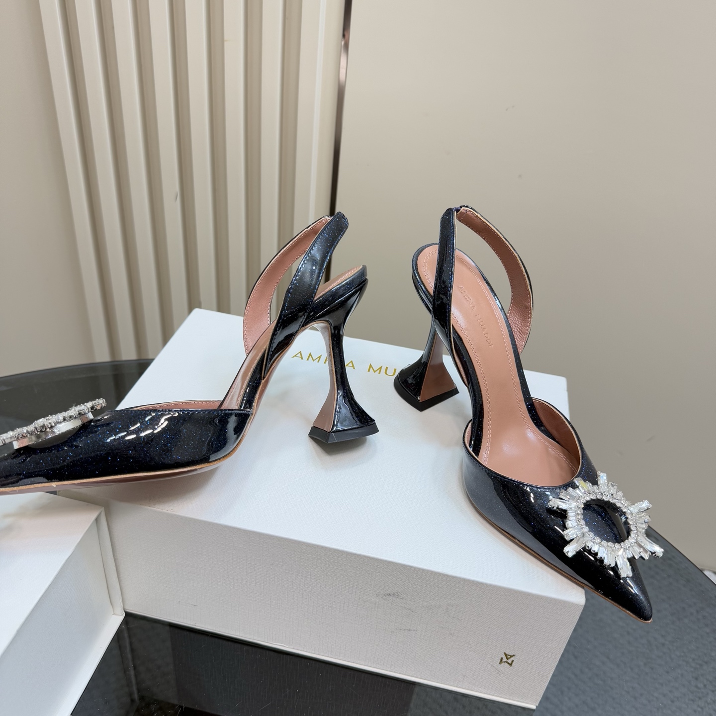 Amina Muaddi Black Patent Leather Slingback Heels with Crystal Embellishment 5 i1744188024684 119 0 2