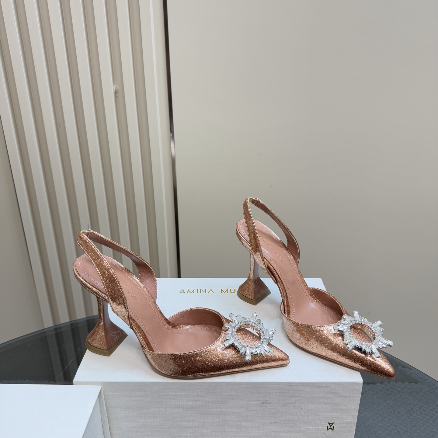 Amina Muaddi Women's Glitter Slingback Heels with Crystal Embellishments 6 i1744188107442 6153 0 3