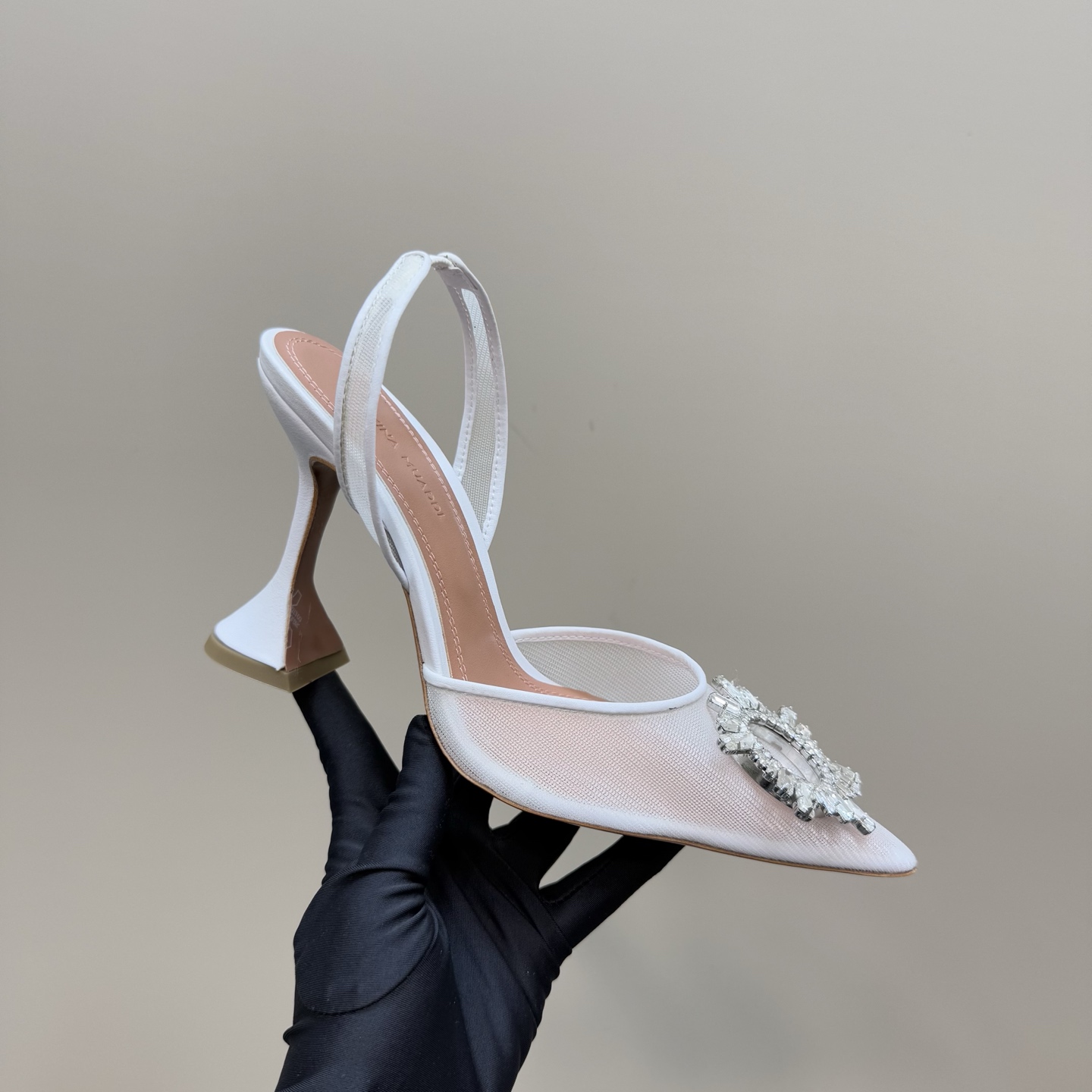 Amina Muaddi White Mesh Slingback Heels with Crystal Embellishment 1 Amina Muaddi White Mesh Slingback Heels with Crystal Embellishment