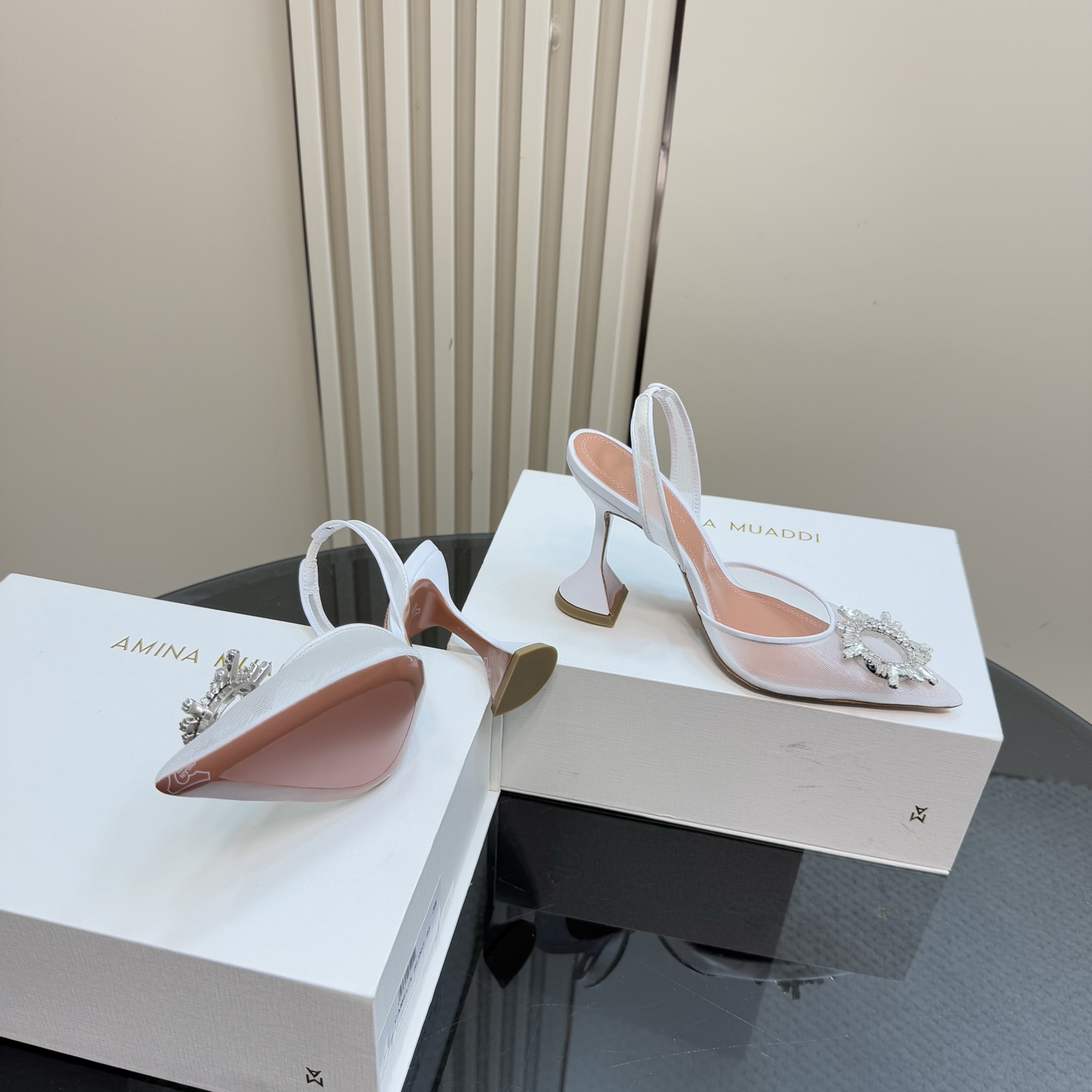 Amina Muaddi White Mesh Slingback Heels with Crystal Embellishment 8 i1744188300757 7893 0 5