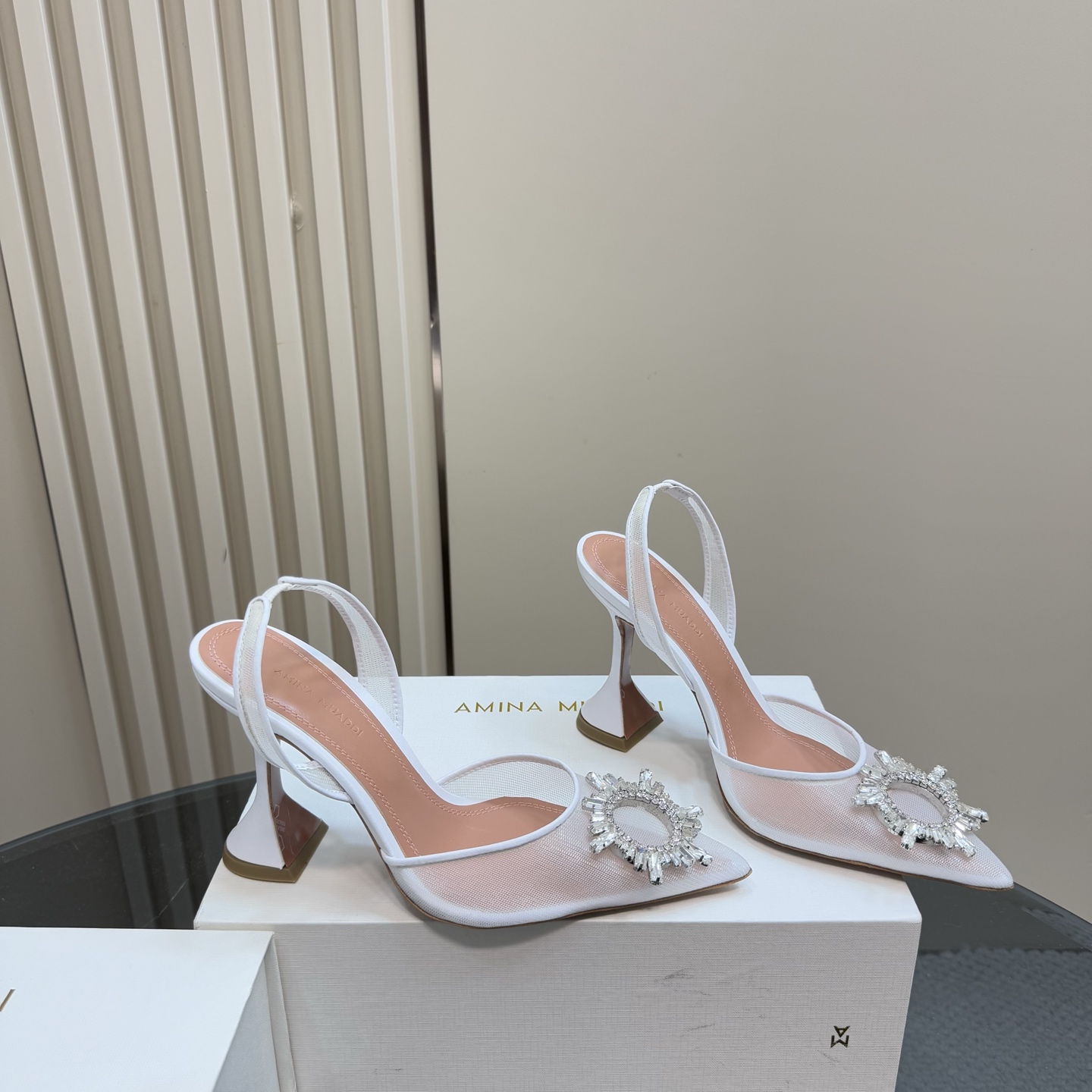 Amina Muaddi White Mesh Slingback Heels with Crystal Embellishment 6 i1744188300760 9748 0 3