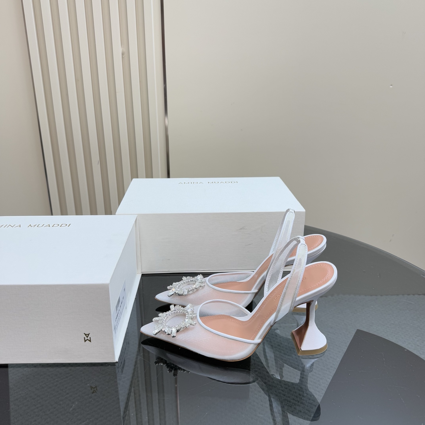 Amina Muaddi White Mesh Slingback Heels with Crystal Embellishment 3 i1744188301975 2157 0 0