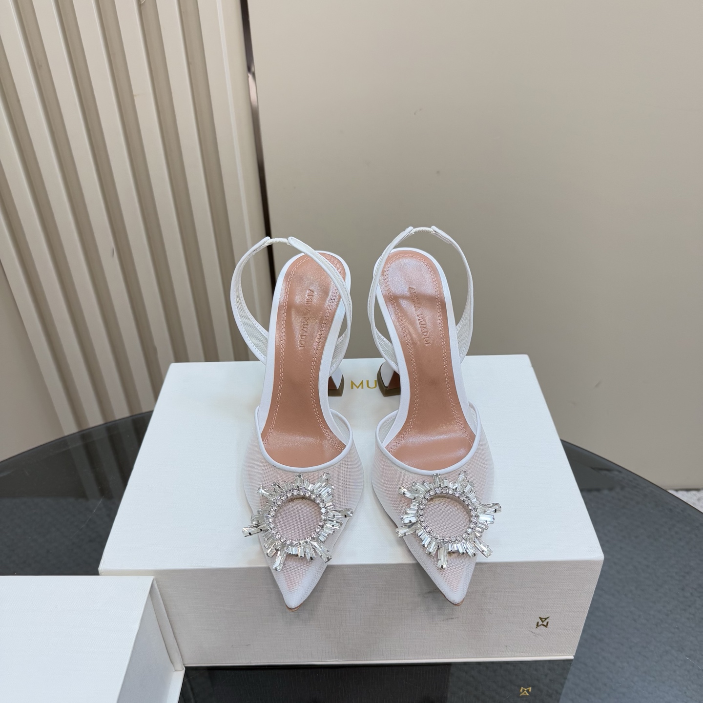 Amina Muaddi White Mesh Slingback Heels with Crystal Embellishment 4 i1744188301975 4543 0 1