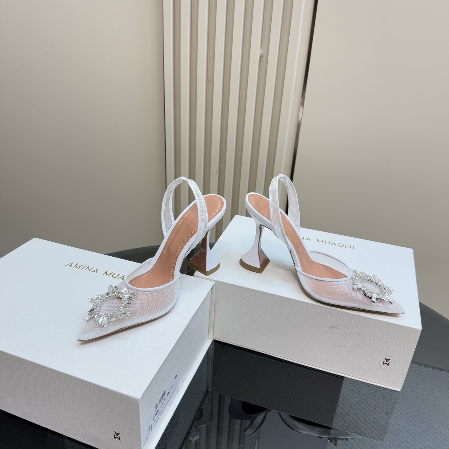 Amina Muaddi White Mesh Slingback Heels with Crystal Embellishment 7 i1744188301975 4841 0 4