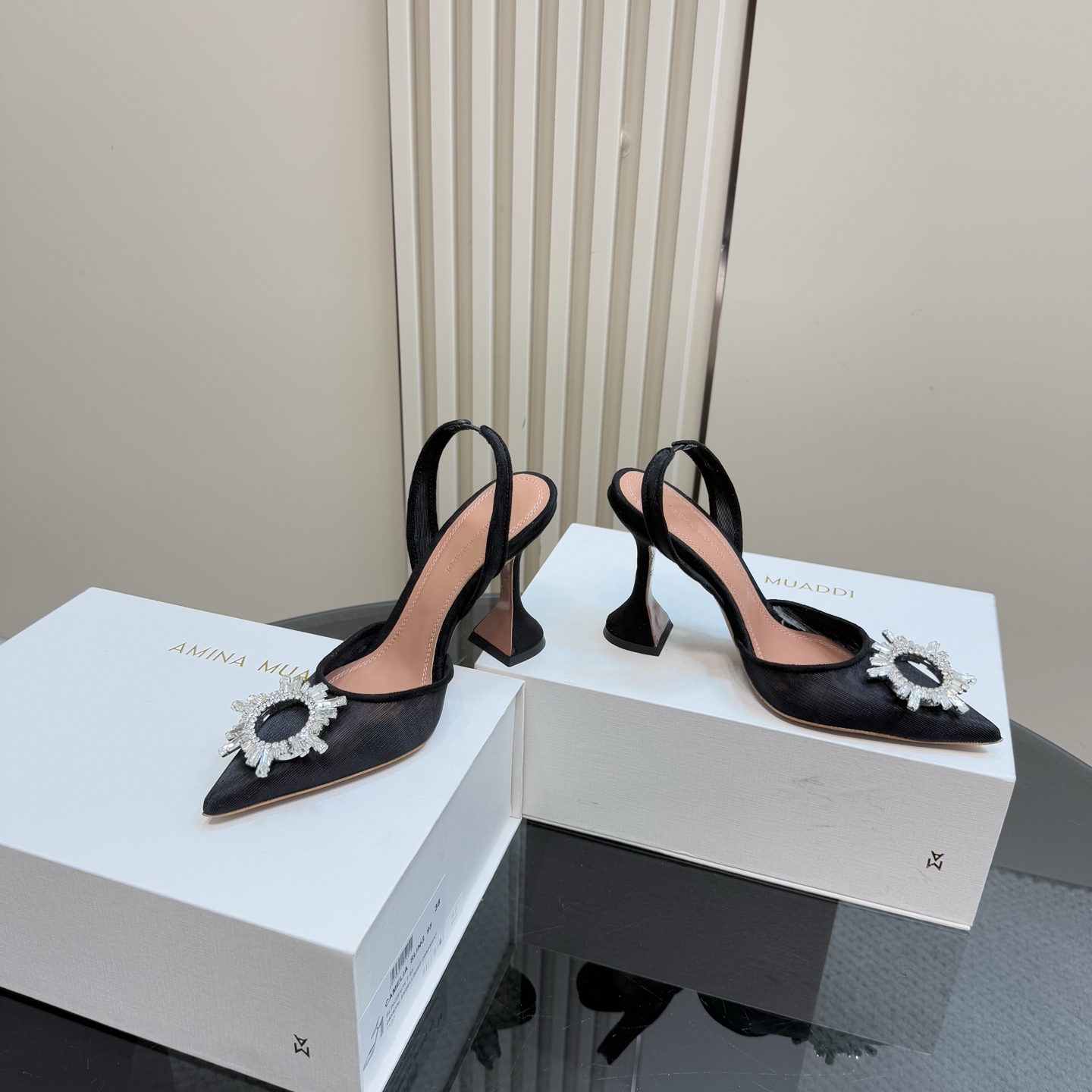 Amina Muaddi Black Slingback Heels with Crystal Embellishment 7 i1744188340183 3278 0 4