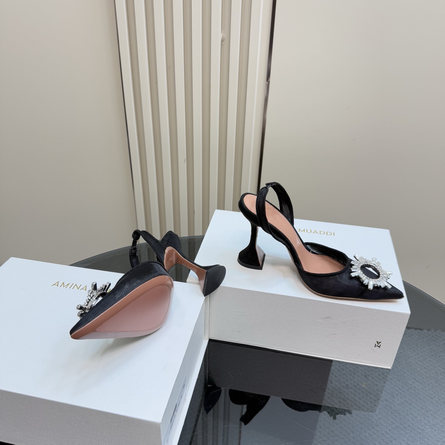 Amina Muaddi Black Slingback Heels with Crystal Embellishment 8 i1744188340189 6860 0 5