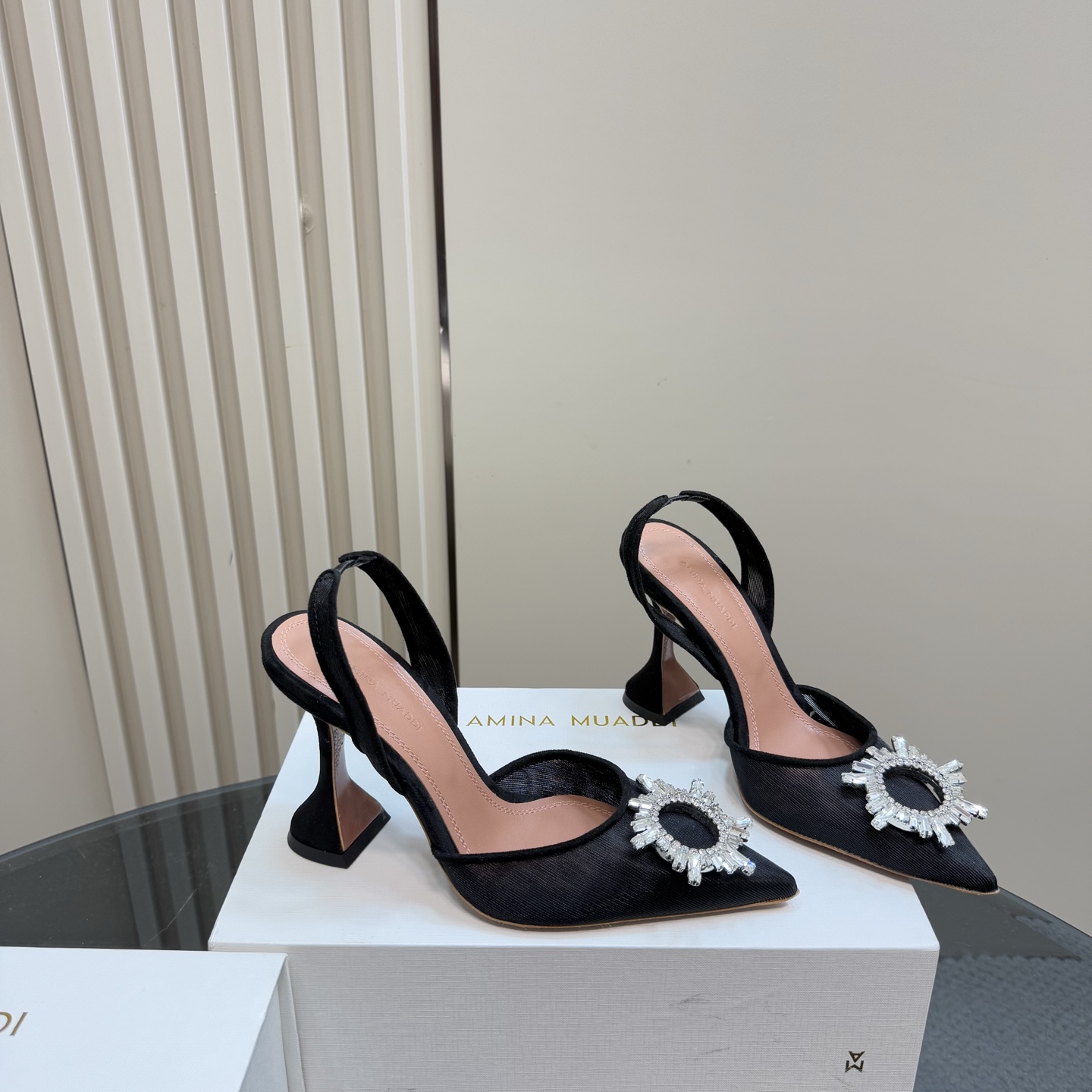 Amina Muaddi Black Slingback Heels with Crystal Embellishment 6 i1744188341497 7310 0 3