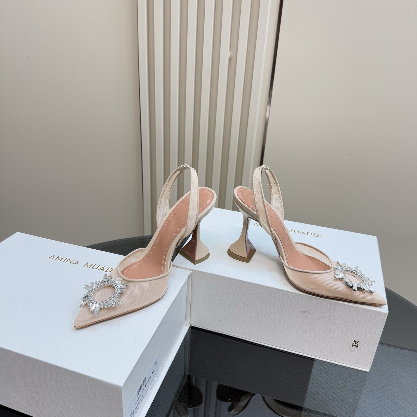 Amina Muaddi Women's Champagne Slingback Heels with Crystal Embellishment 7 i1744188358999 3986 0 4