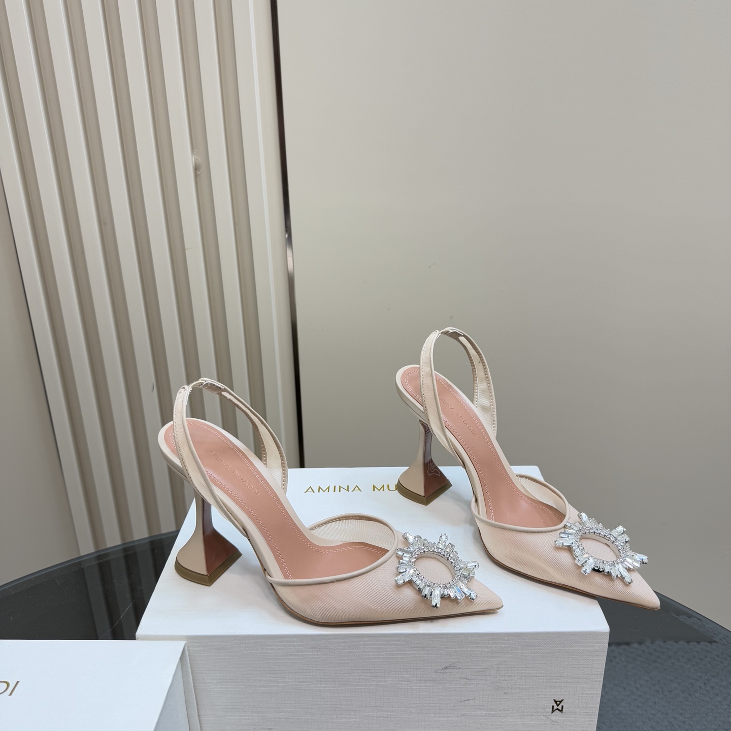 Amina Muaddi Women's Champagne Slingback Heels with Crystal Embellishment 6 i1744188359023 5104 0 3