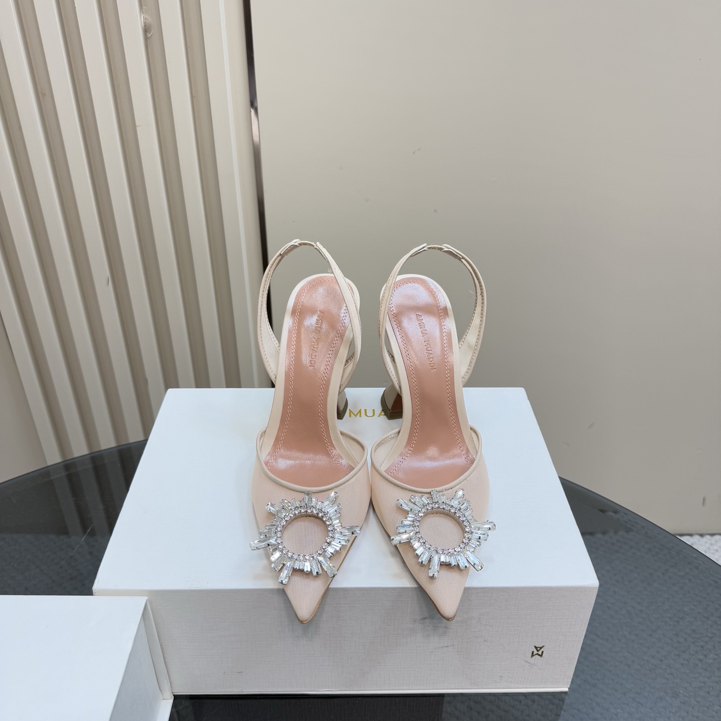 Amina Muaddi Women's Champagne Slingback Heels with Crystal Embellishment 4 i1744188360405 5816 0 1