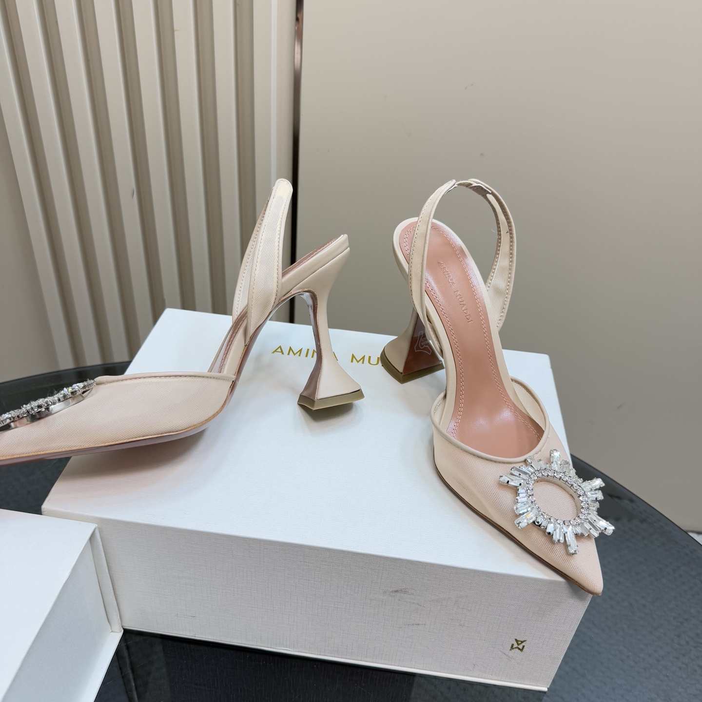 Amina Muaddi Women's Champagne Slingback Heels with Crystal Embellishment 5 i1744188360431 7739 0 2