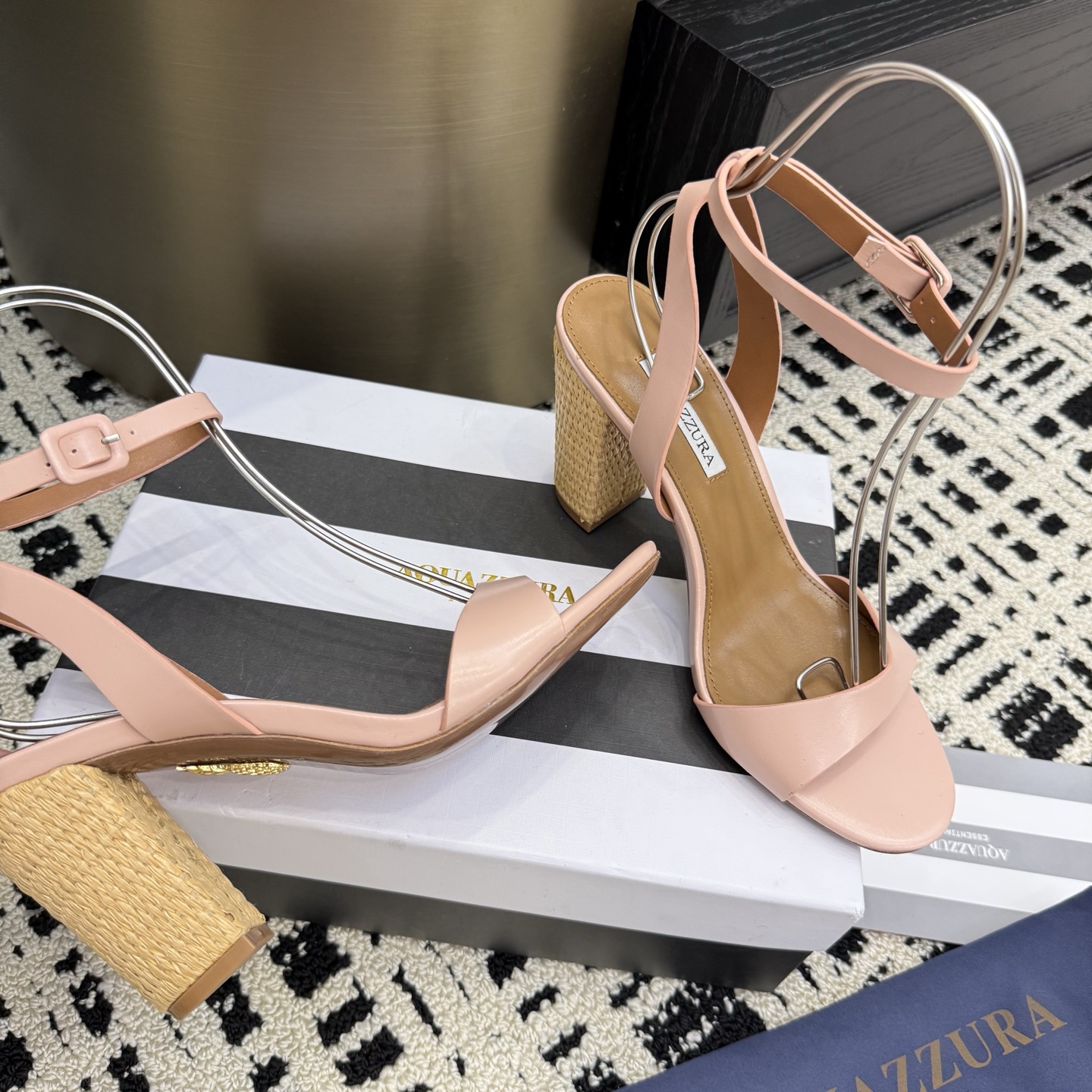 Aquazzura Zp Woven Chunky Heel Sandals, Swarovski Crystal, Leather Outsole 5 i1745972380133 668 0 1