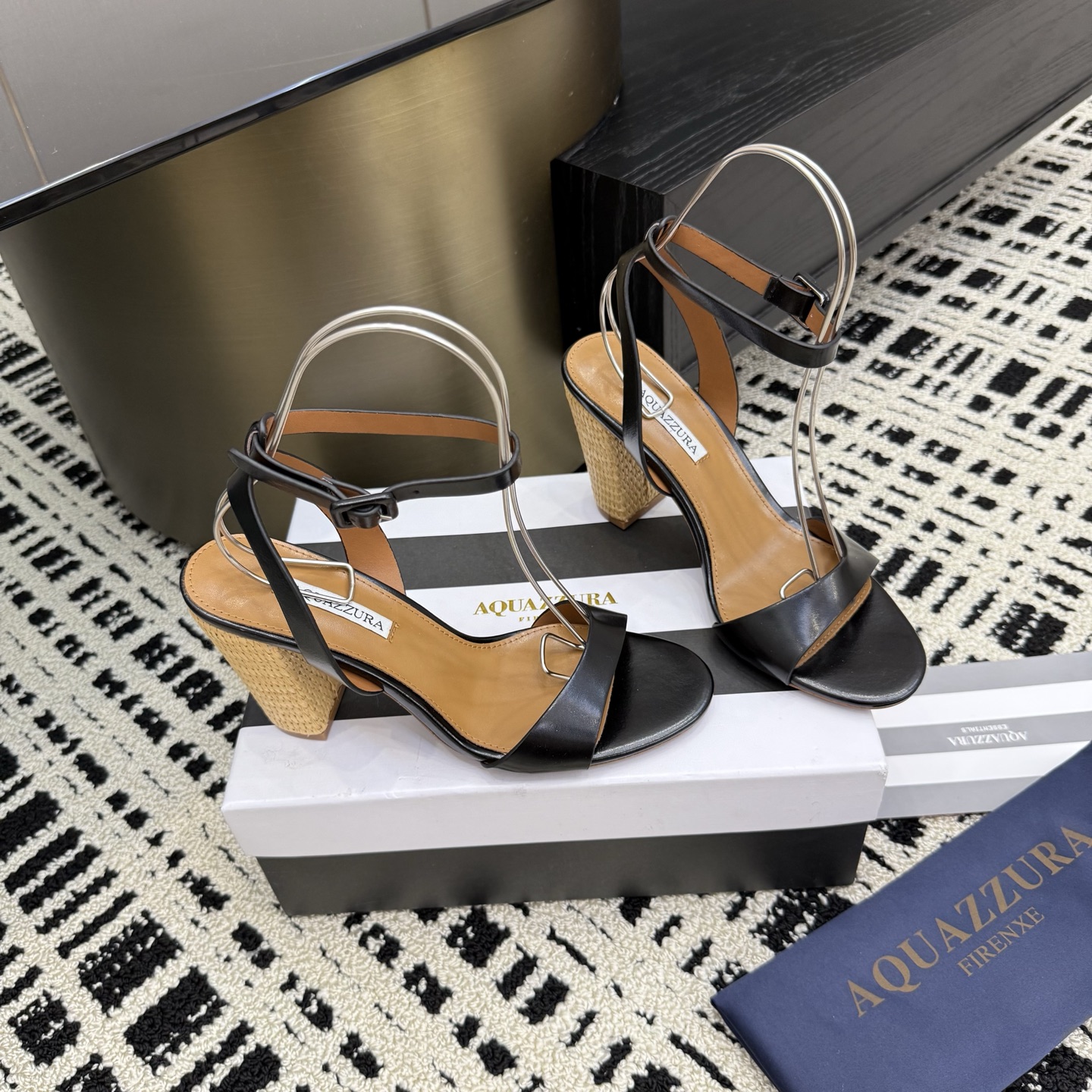 Aquazzura Women's Zp Woven Heeled Sandals with Ankle Strap-Black Leather 4 i1745972451480 3768 0 1