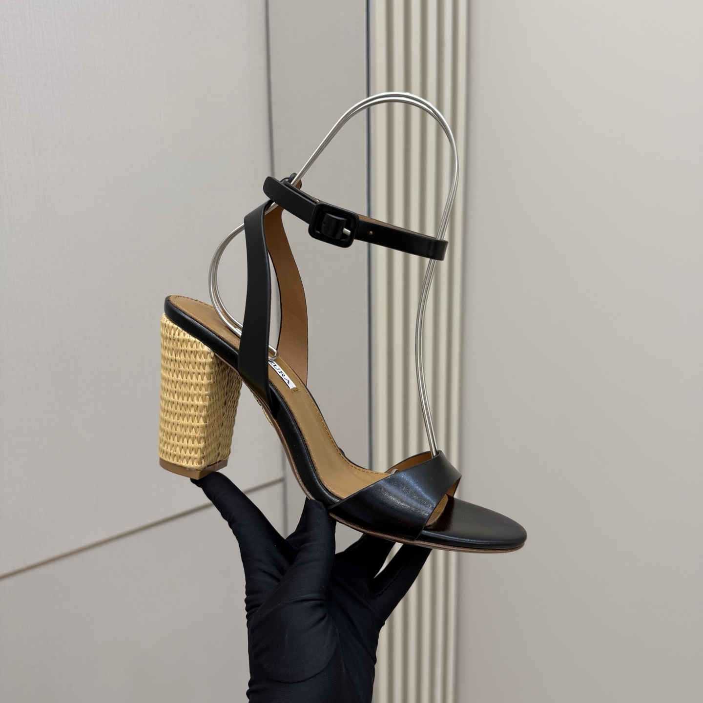 Aquazzura Women's Zp Woven Heeled Sandals with Ankle Strap-Black Leather 2 i1745972451507 8072 0 6