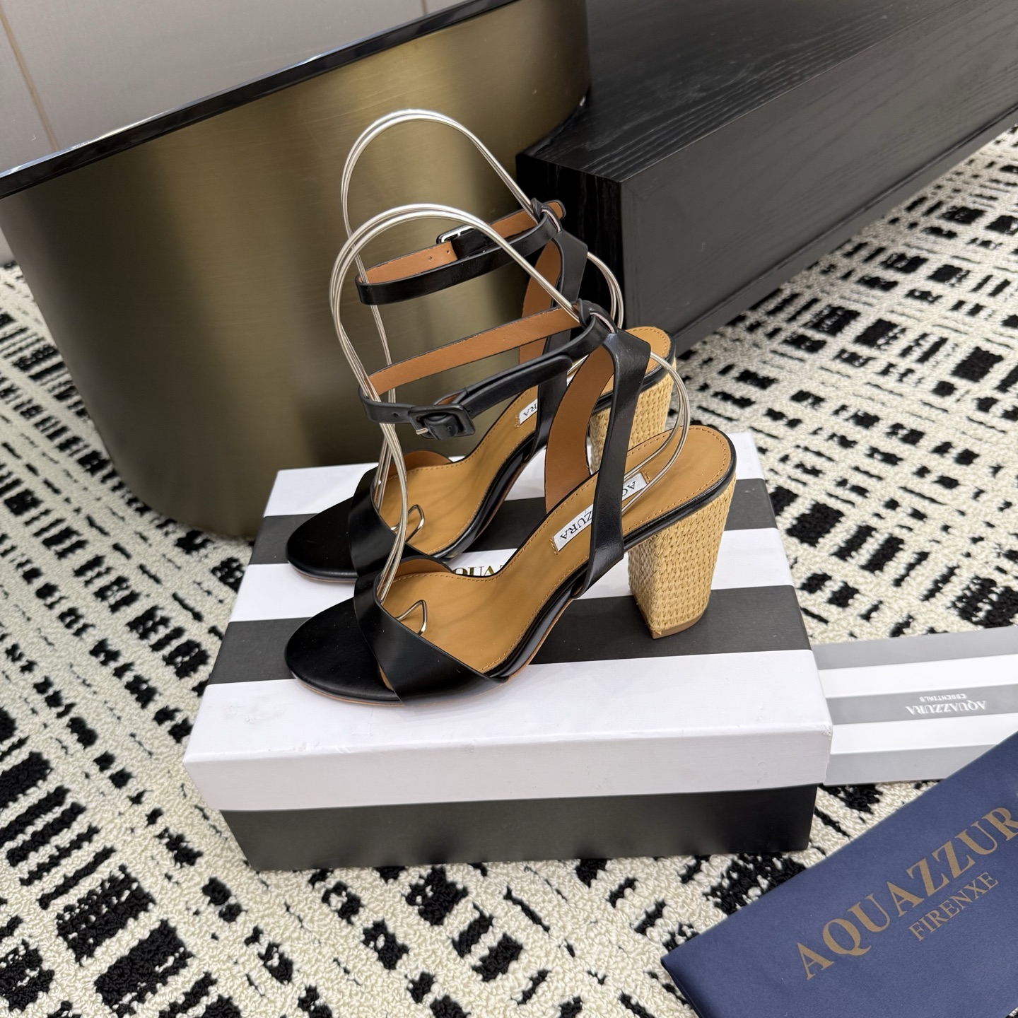 Aquazzura Women's Zp Woven Heeled Sandals with Ankle Strap-Black Leather 6 i1745972452889 5405 0 3