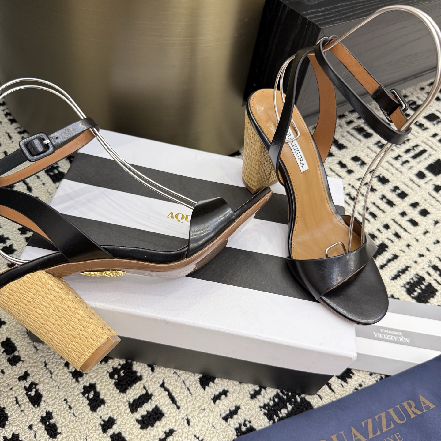 Aquazzura Women's Zp Woven Heeled Sandals with Ankle Strap-Black Leather 5 i1745972452920 9076 0 2