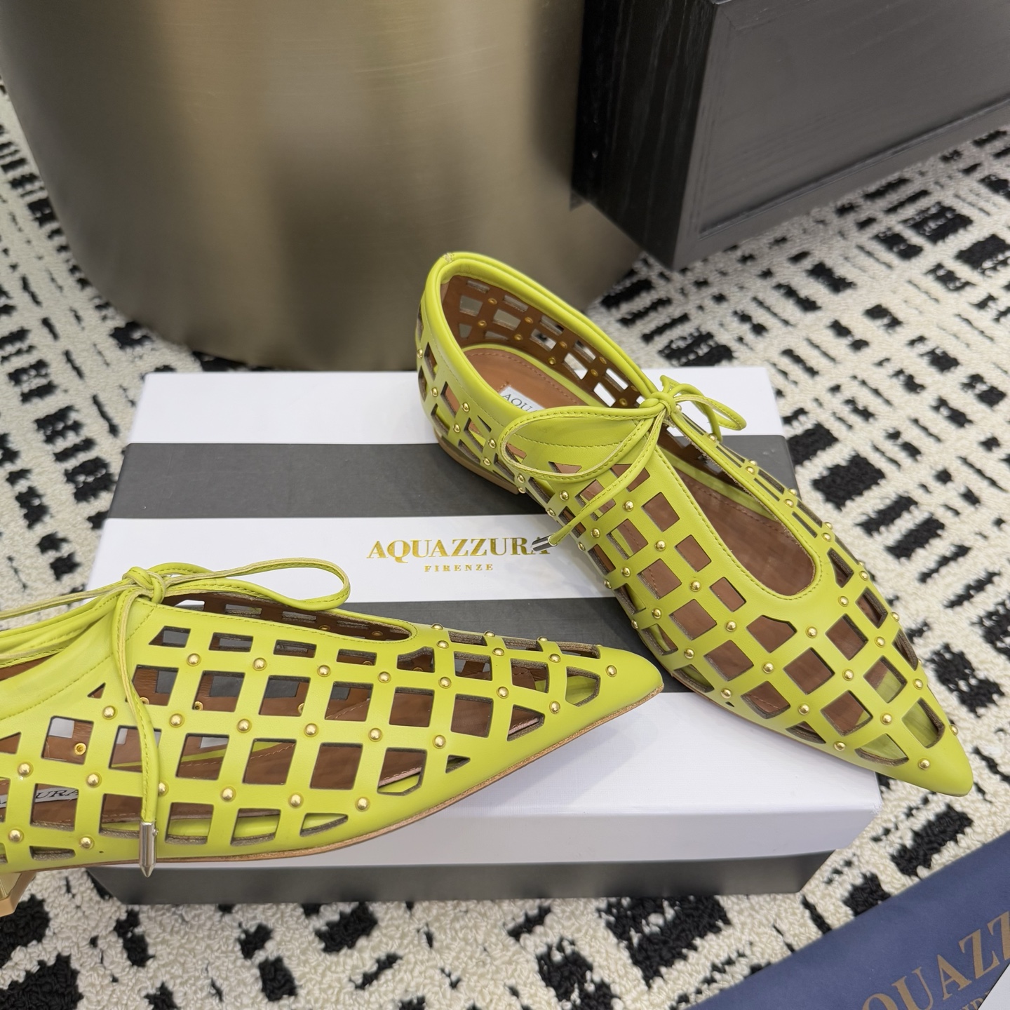 Aquazzura Green Leather Studded Point-Toe Flats Elegant Lace-Up Shoes 6 i1746008624455 9933 0 3