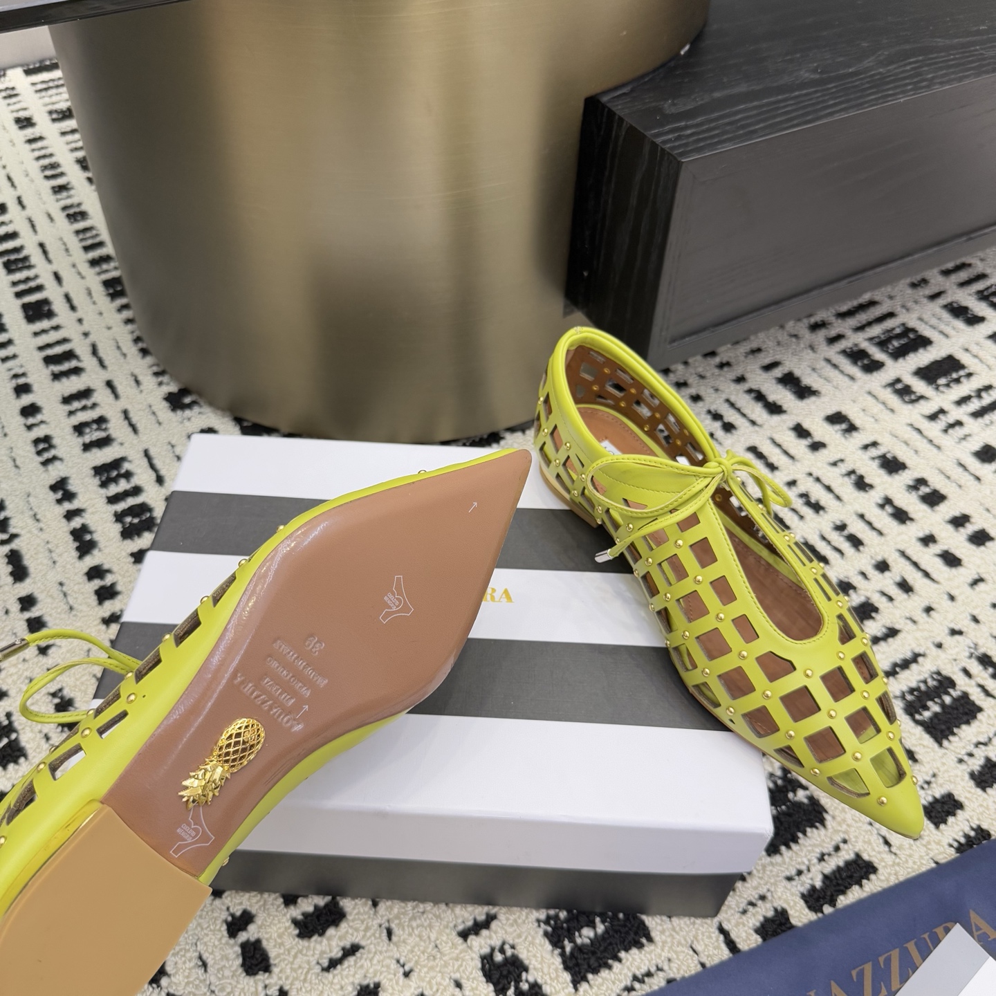 Aquazzura Green Leather Studded Point-Toe Flats Elegant Lace-Up Shoes 8 i1746008624492 5207 0 5