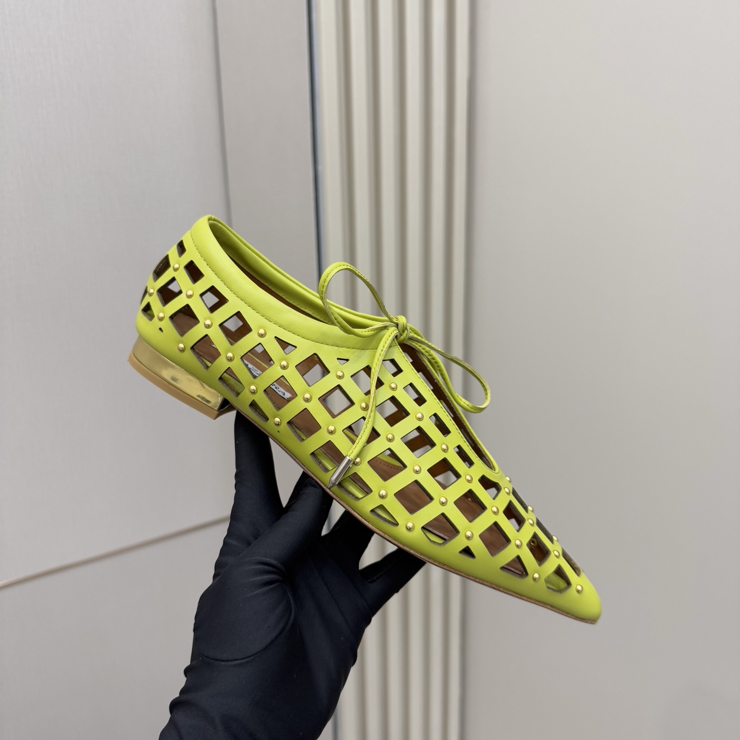 Aquazzura Green Leather Studded Point-Toe Flats Elegant Lace-Up Shoes 2 i1746008624520 917 0 6