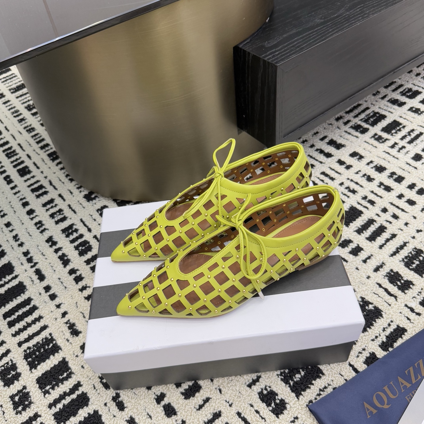 Aquazzura Green Leather Studded Point-Toe Flats Elegant Lace-Up Shoes 5 i1746008624525 1035 0 2