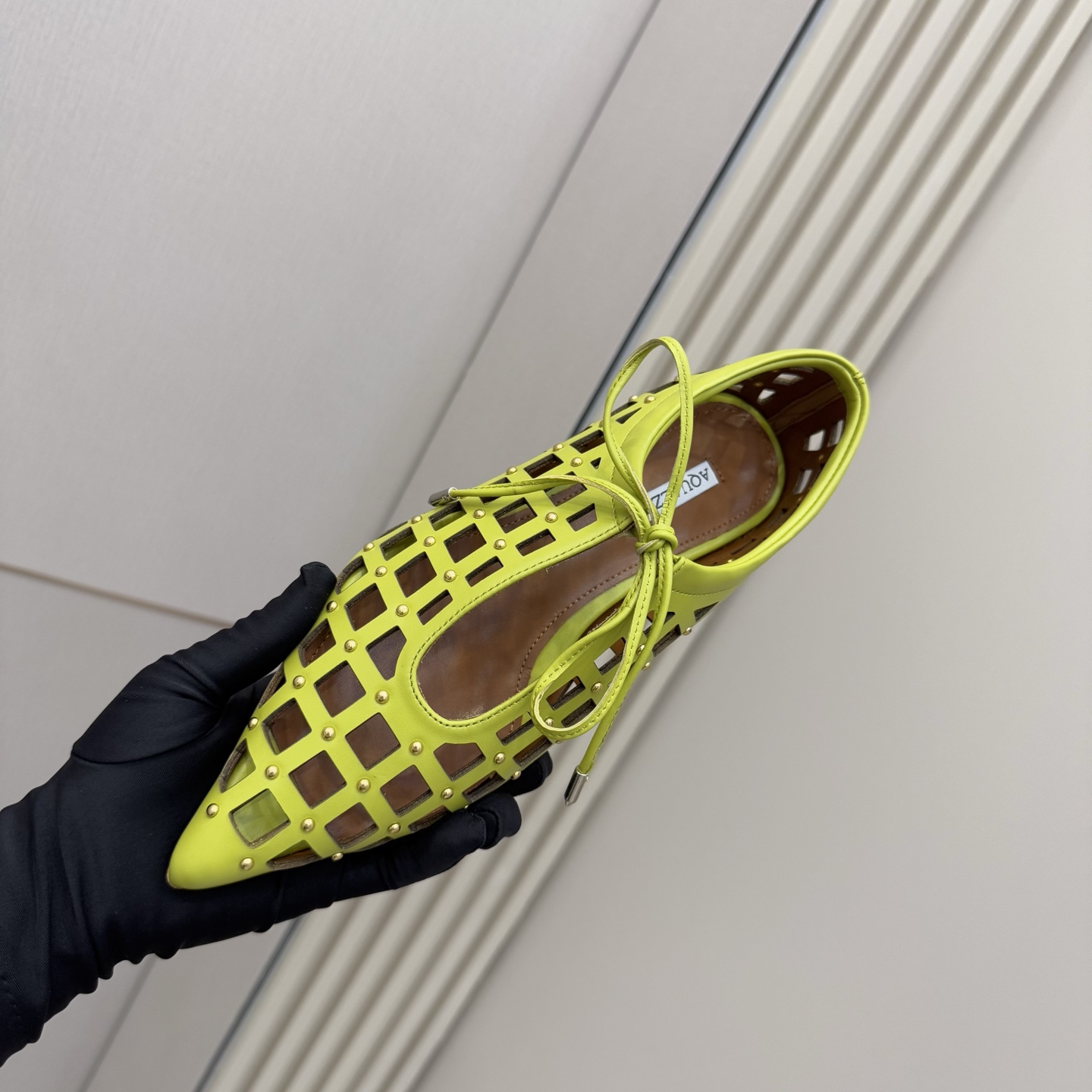 Aquazzura Green Leather Studded Point-Toe Flats Elegant Lace-Up Shoes 9 i1746008625460 3436 0 7
