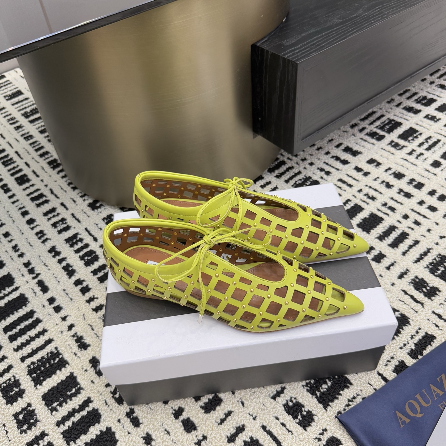Aquazzura Green Leather Studded Point-Toe Flats Elegant Lace-Up Shoes 4 i1746008625463 3311 0 1