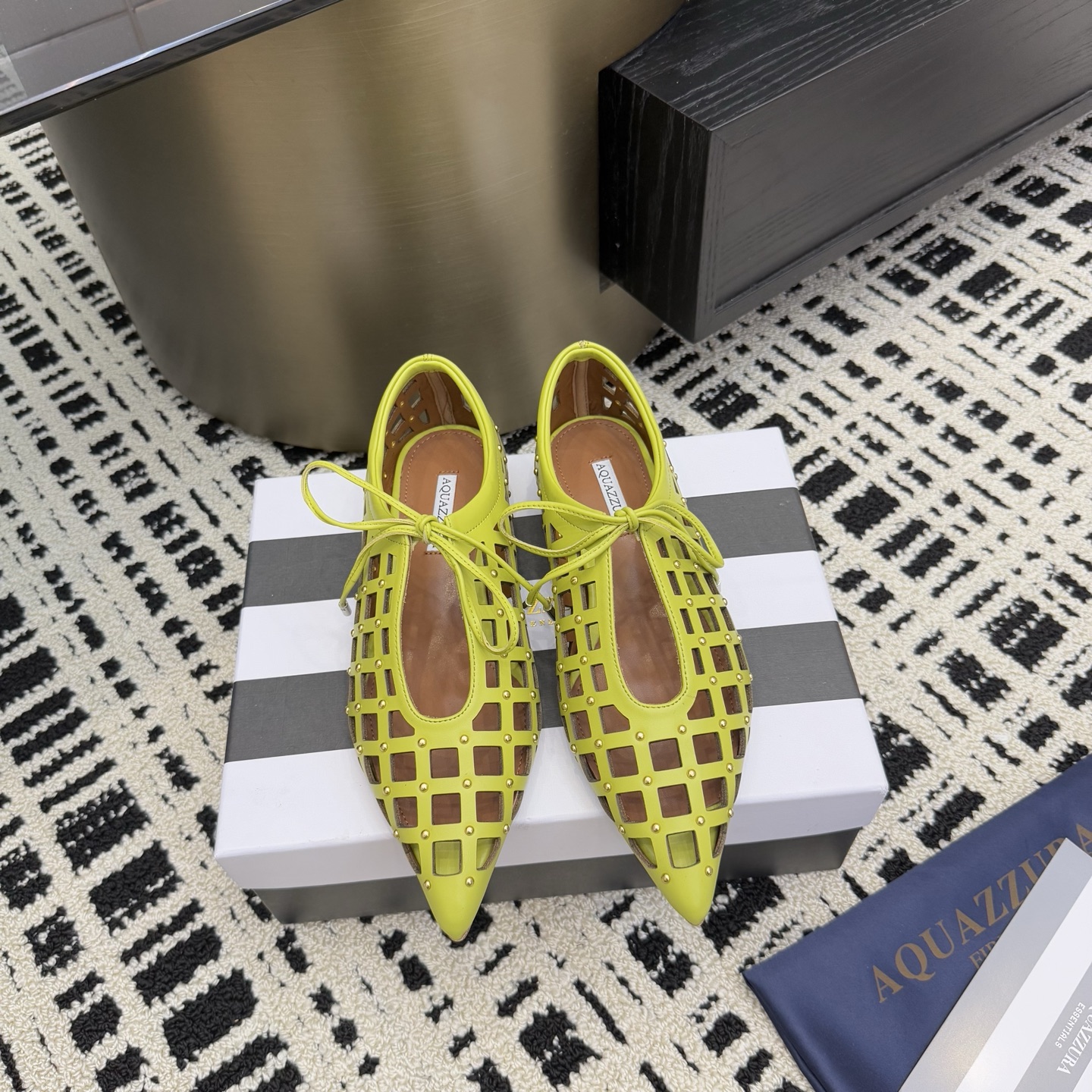 Aquazzura Green Leather Studded Point-Toe Flats Elegant Lace-Up Shoes 3 i1746008625465 27 0 0