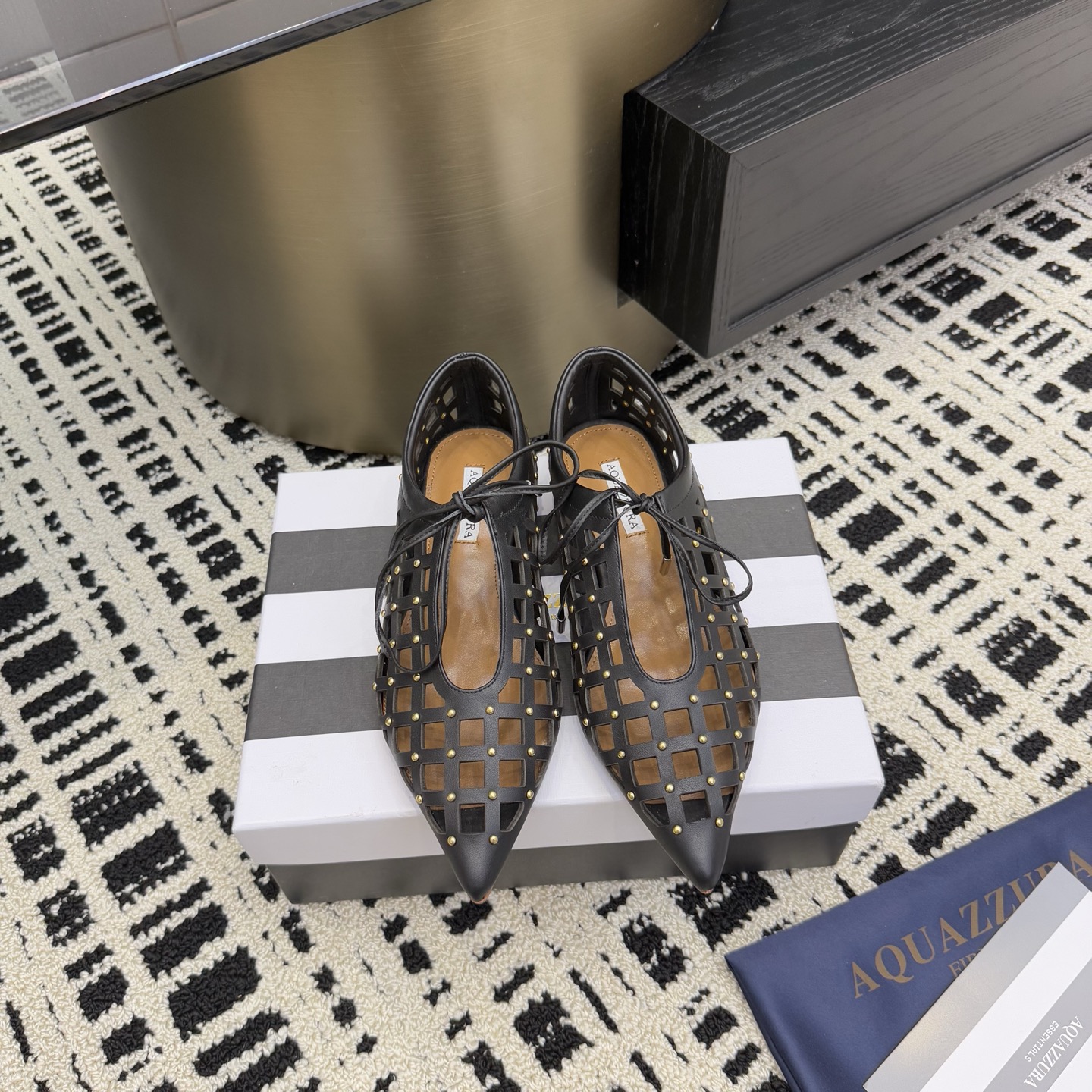 Aquazzura Women's Leather Pointed Toe Oxford with Gold Studded Detailing 3 i1746008670578 5868 0 0