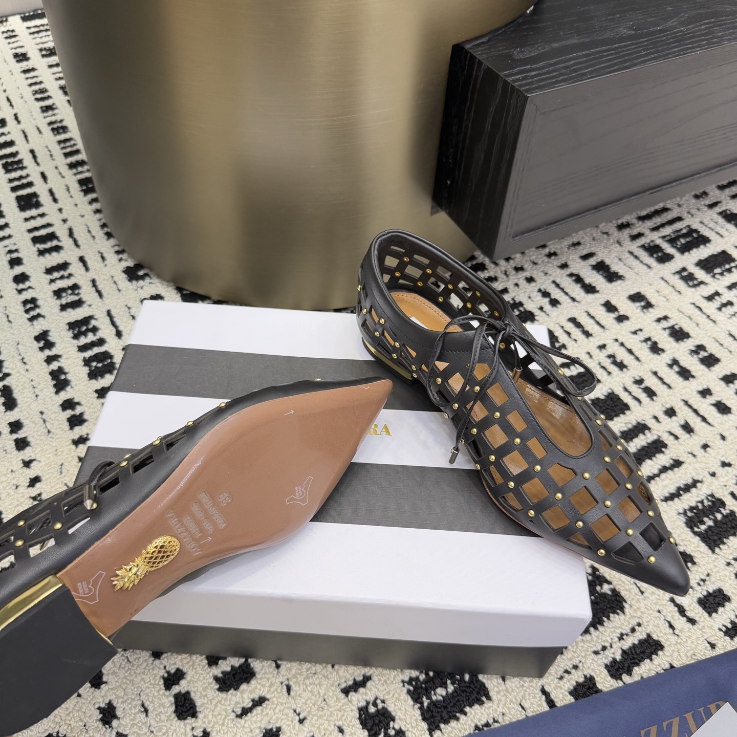 Aquazzura Women's Leather Pointed Toe Oxford with Gold Studded Detailing 8 i1746008670705 5623 0 5