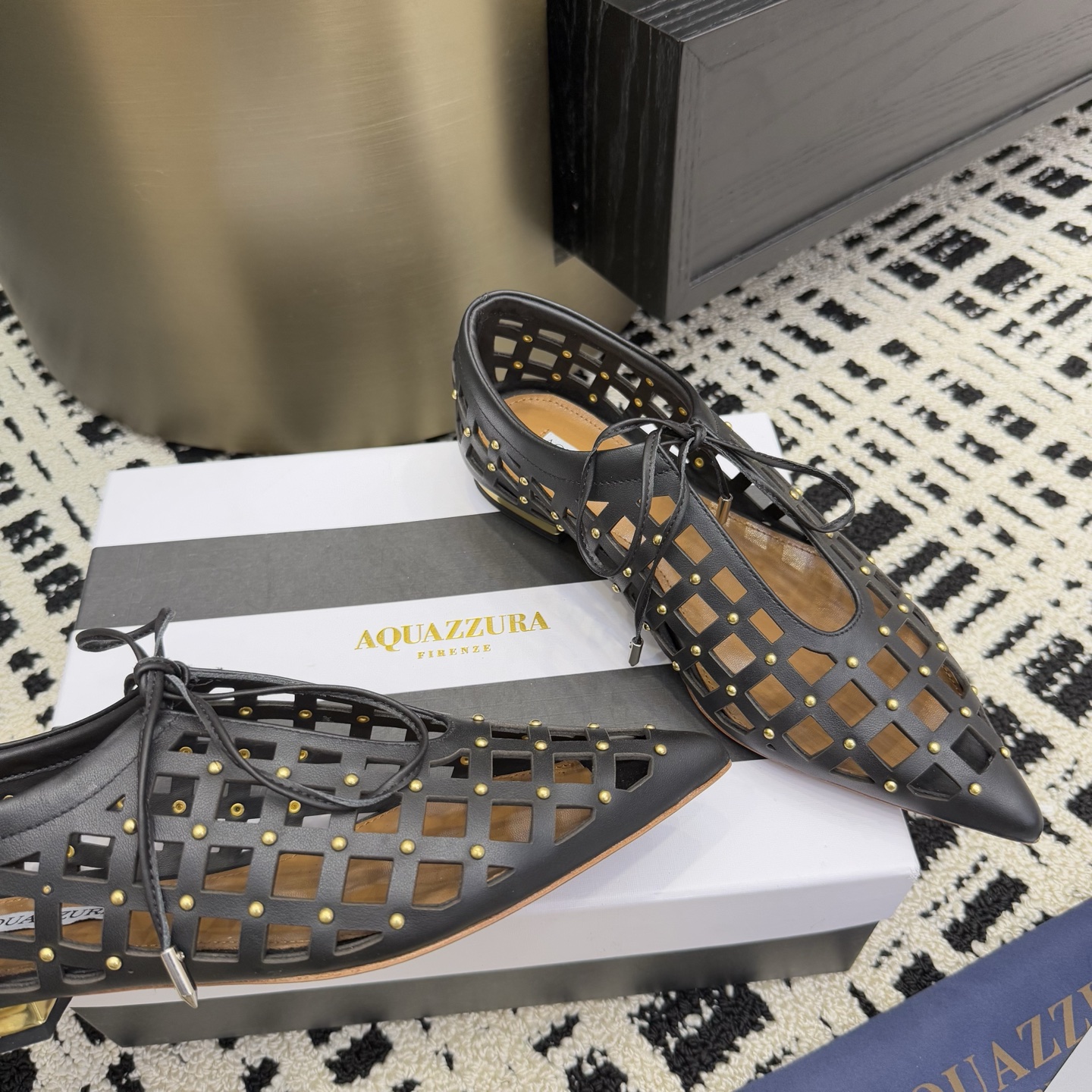 Aquazzura Women's Leather Pointed Toe Oxford with Gold Studded Detailing 6 i1746008671757 7582 0 3