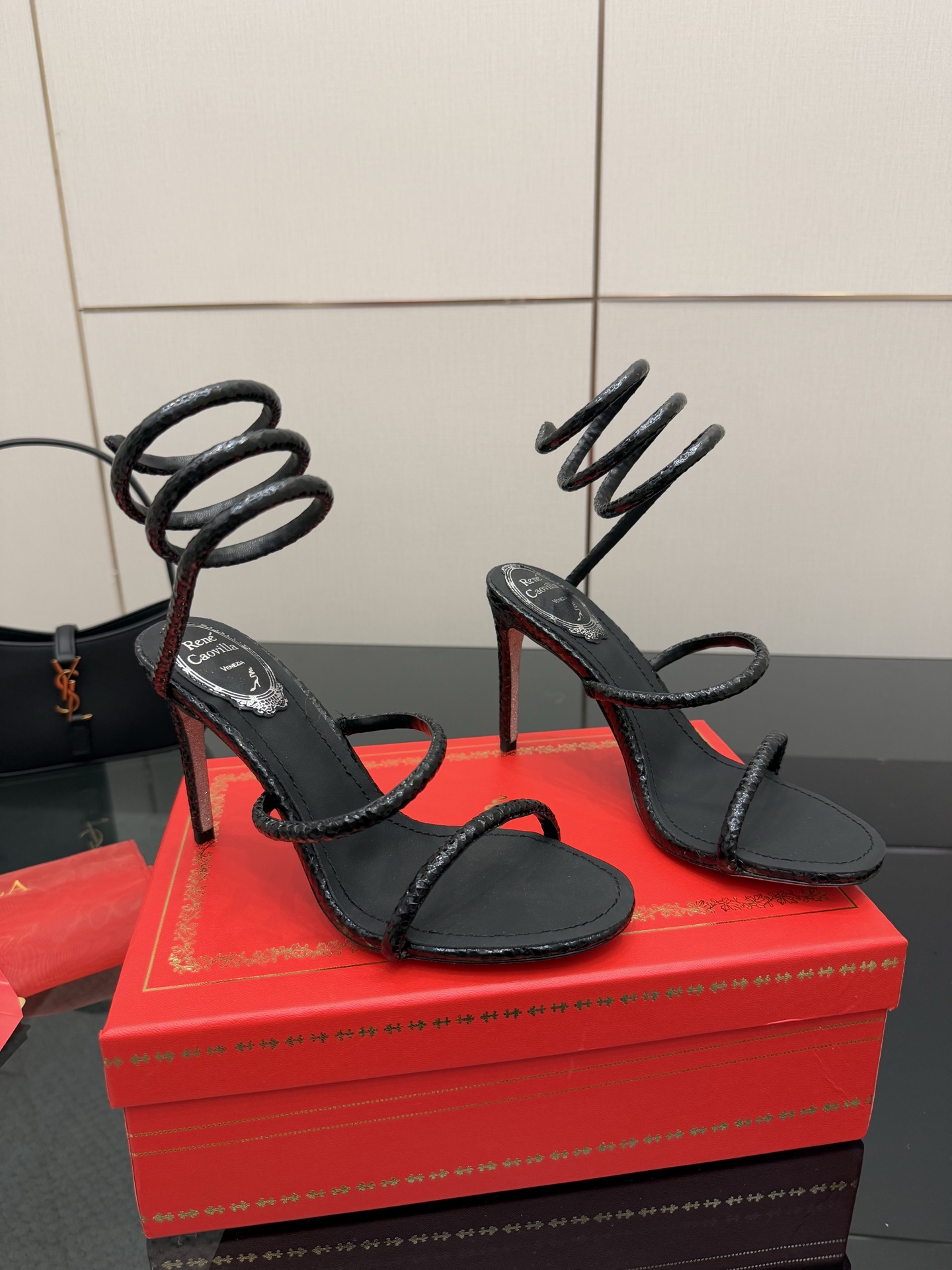 Rene Caovilla RC Snake Ankle Wrap Heeled Sandals, Crystal Embellished, Black 4 i1746815683463 5546 0 1