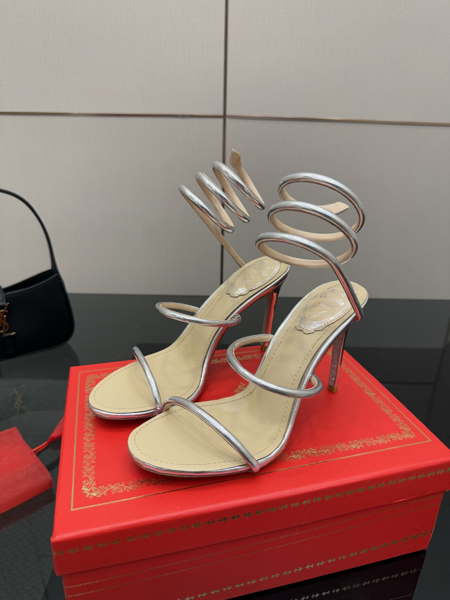 Rene Caovilla Silver Metallic Snake Ankle Wrap Heeled Sandals, Size 35-39 7 i1746816566750 5137 0 4