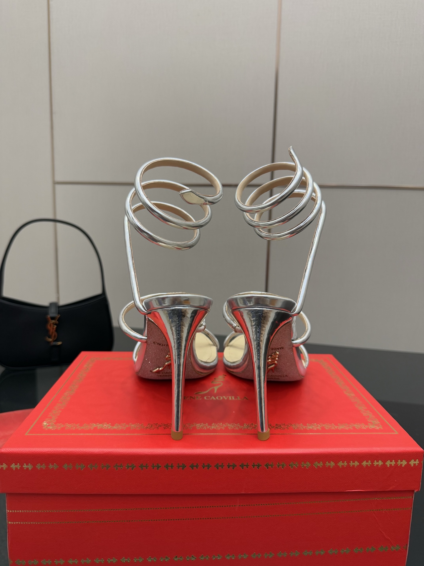 Rene Caovilla Silver Metallic Snake Ankle Wrap Heeled Sandals, Size 35-39 8 i1746816566777 6580 0 5