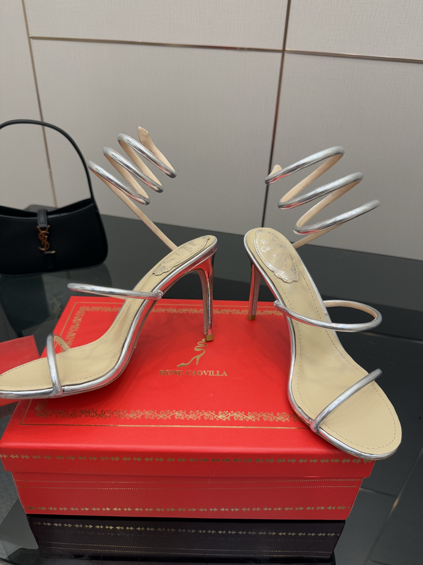 Rene Caovilla Silver Metallic Snake Ankle Wrap Heeled Sandals, Size 35-39 6 i1746816571120 1639 0 3