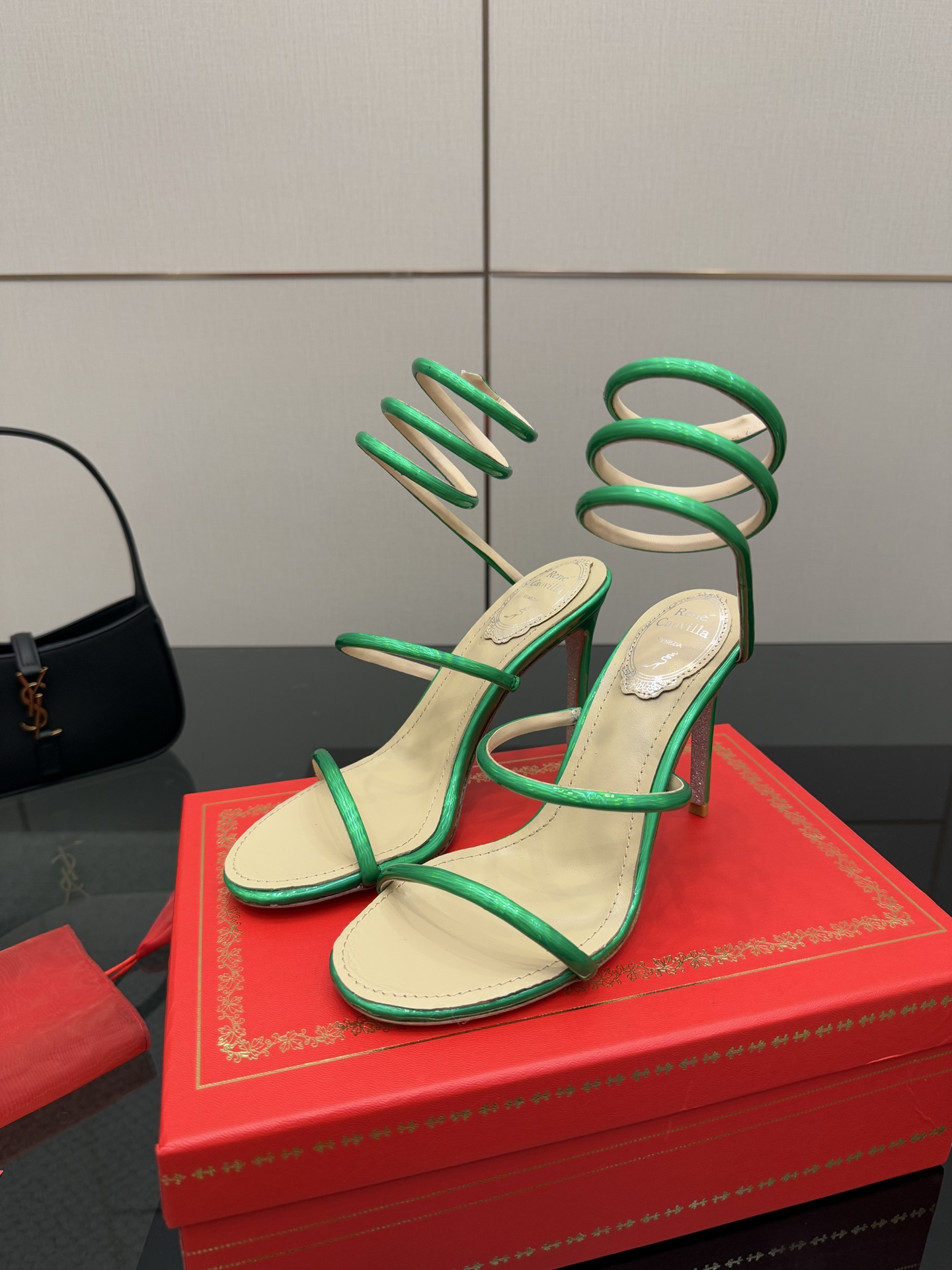 Rene Caovilla Metallic Green Snake Ankle Wrap Heeled Sandals 6 i1746816681472 852 0 4