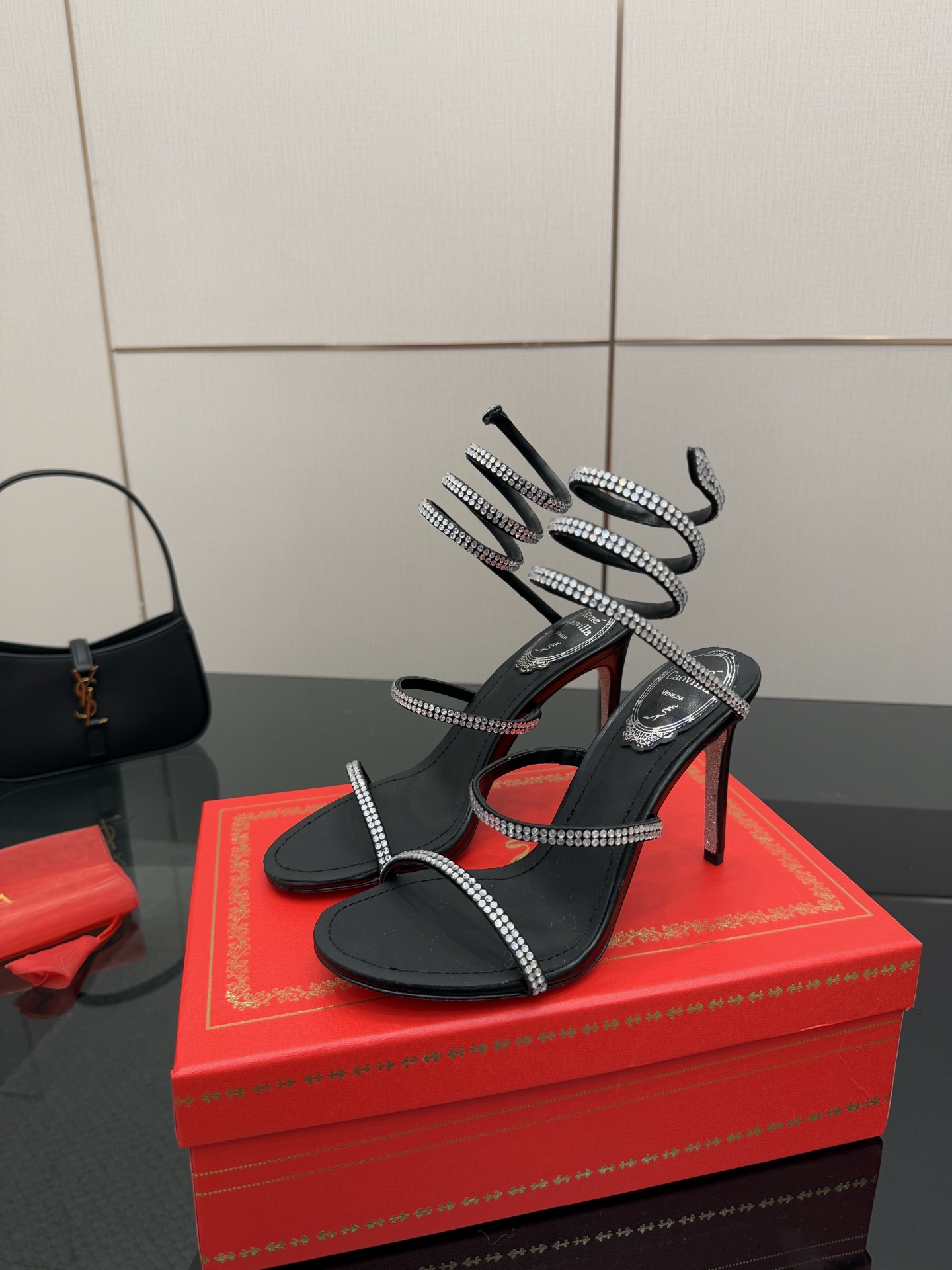 Rene Caovilla Women's Black Crystal Embellished Snake Wrap Around High Heel Sandals 7 i1746816949315 3069 0 4