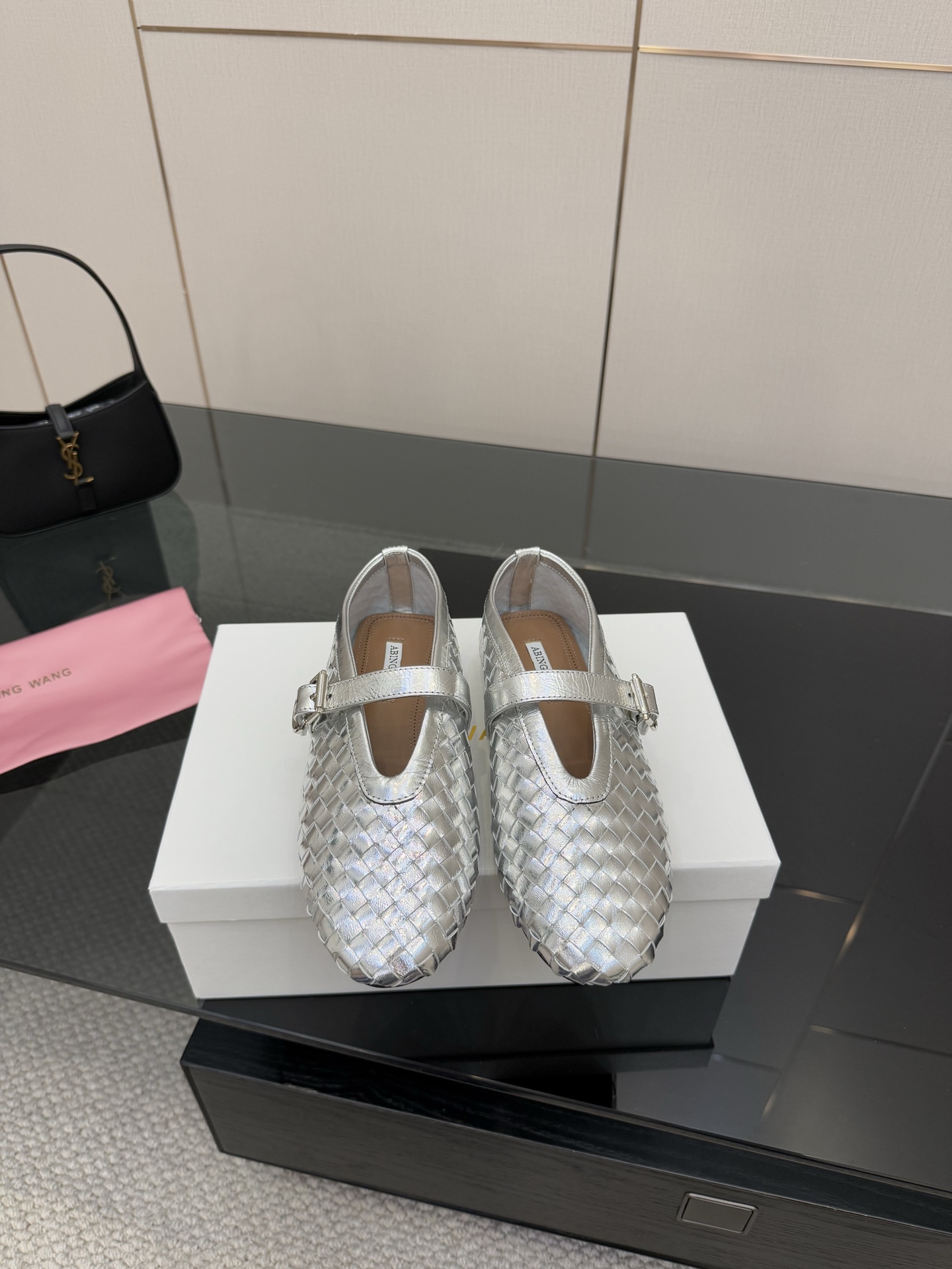 Abing Wang Weaves Mary Jane’s Sole Shoe with Shining Crystal Coating.