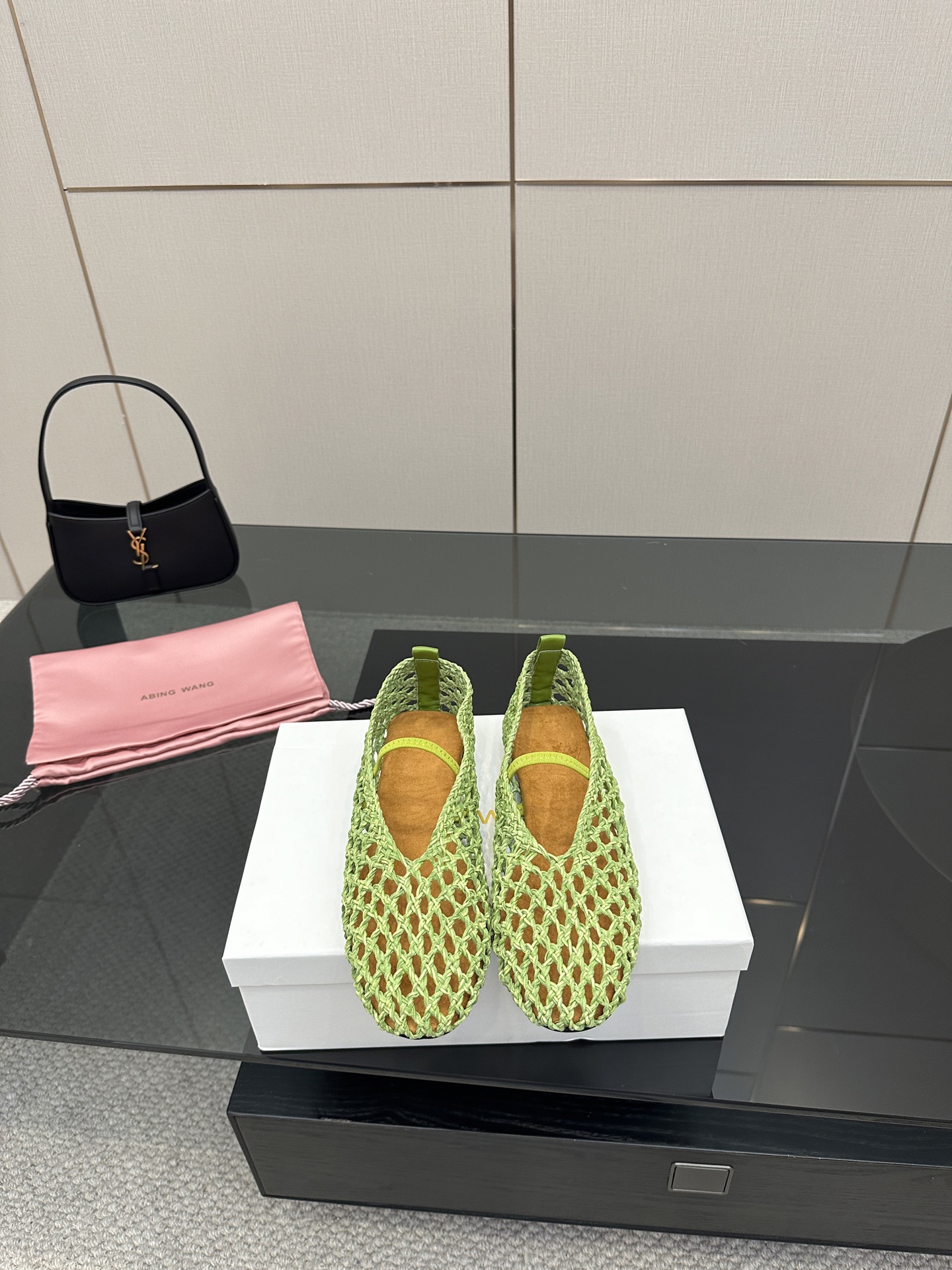 Abing Wang Weaves Mary Jane’s Sole Shoe with Crystal Coating and Velvet Pumping Foot.
