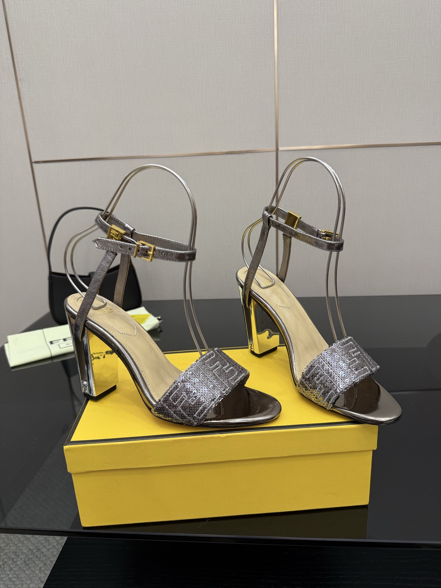 FENDI Delfina High Heels: Glitter Embroidery, Metal Straps, FF Patterns.