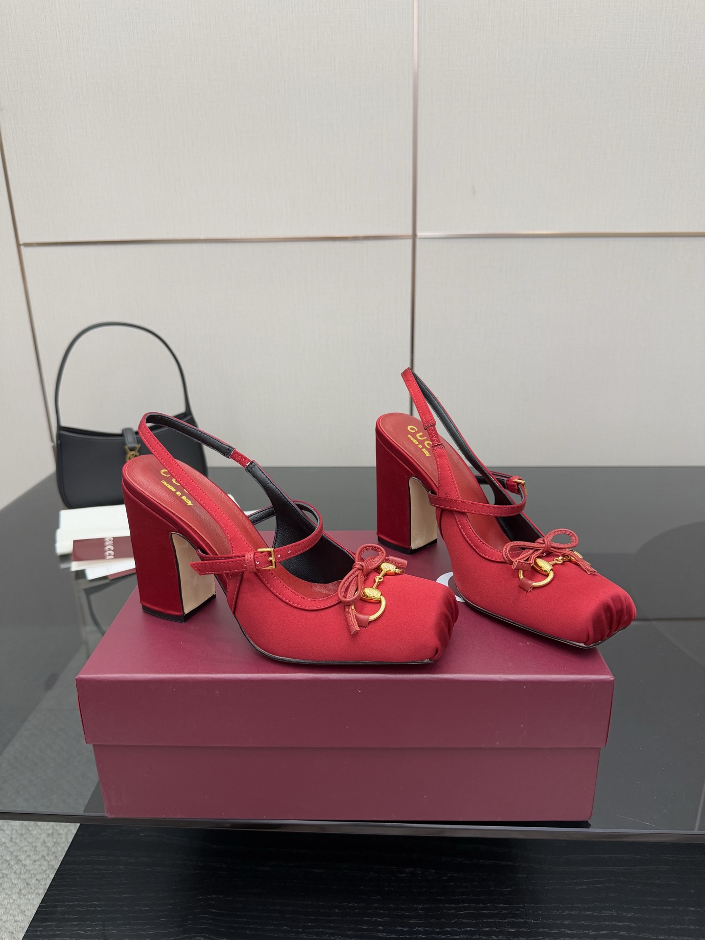 Gucci Red Ballet Slingback Heels with Horsebit Detail and Block Heel