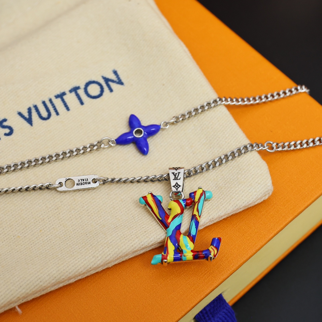 lv路易威登项链LOUIS VUITTON LV交叉字母彩色徽标 925银 项链 男女同款情侣款 银色 3