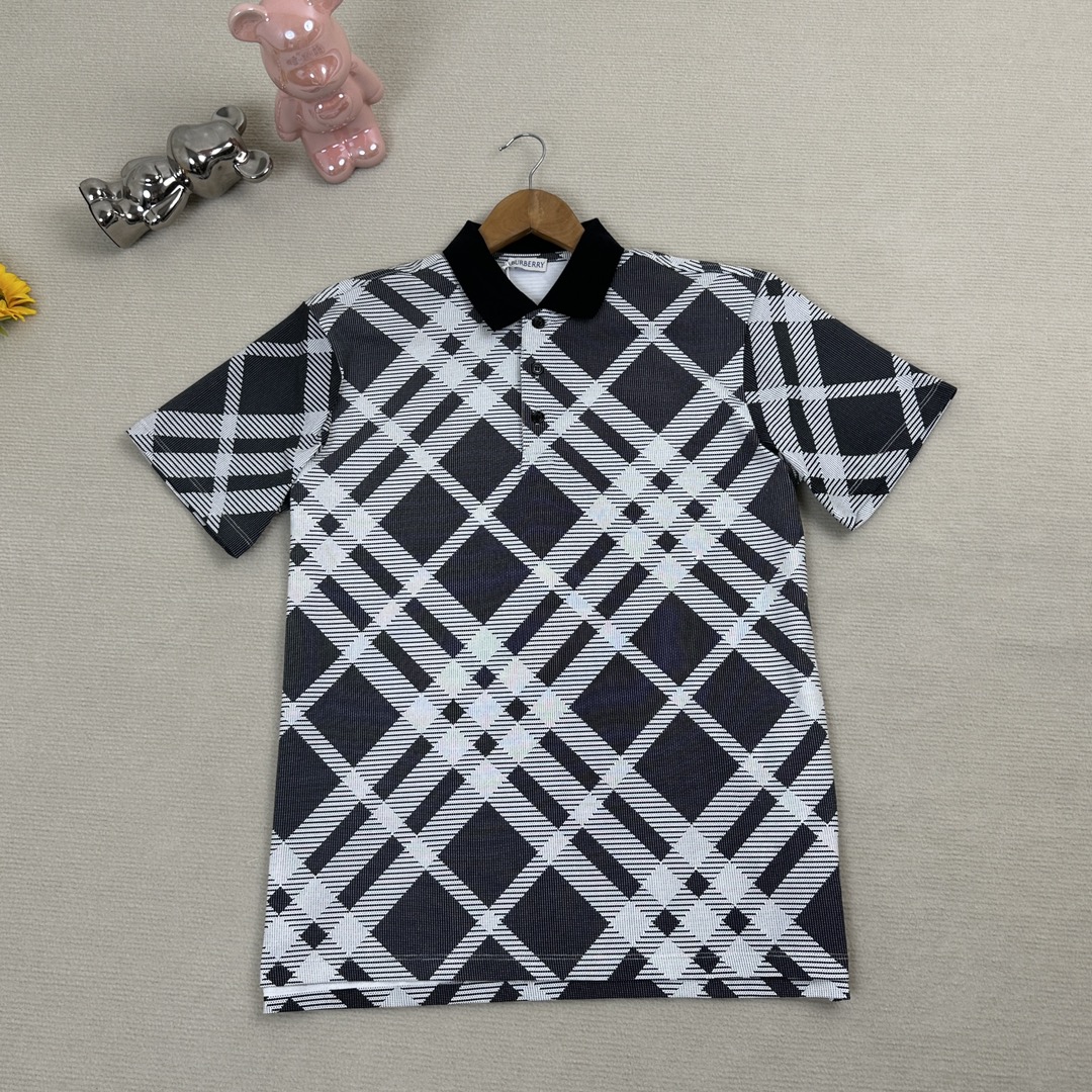 Burberry Men's Black & White Check Print Short Sleeve Polo Shirt 1 i1713853475 8233 4