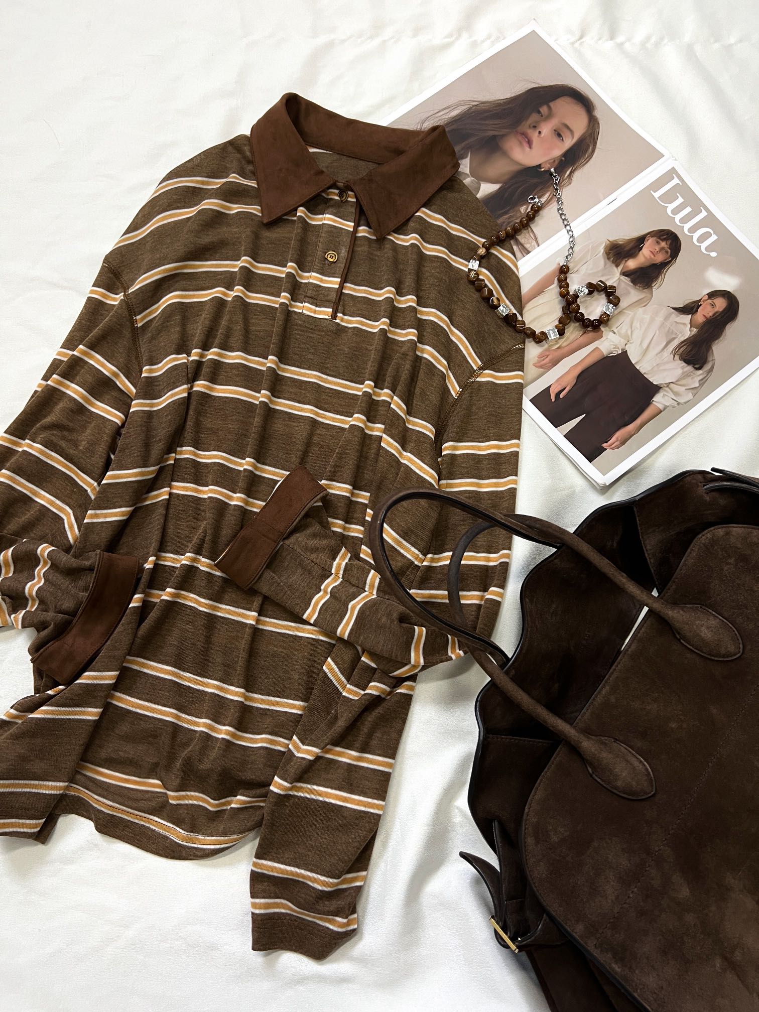 NO:314743,Autumn Refreshing Mask-level Contrast Polo Shirt Lazy Retro Fashionable. The Tiansi wool fabric feels huge and soft and delicate, like the texture of 