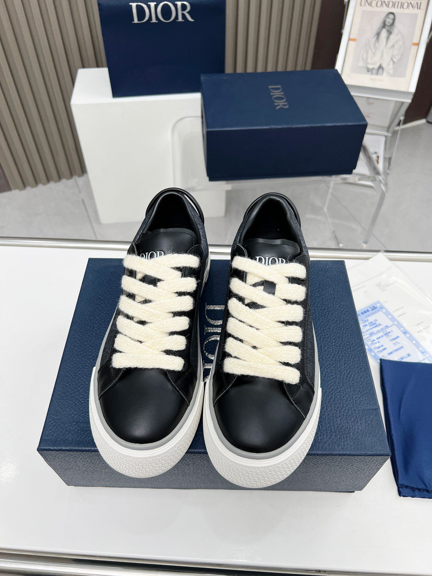 Precio real de fábrica $ DIOR Dior B33 deportivas de piel de vacuno lisa negra y parte superior con 