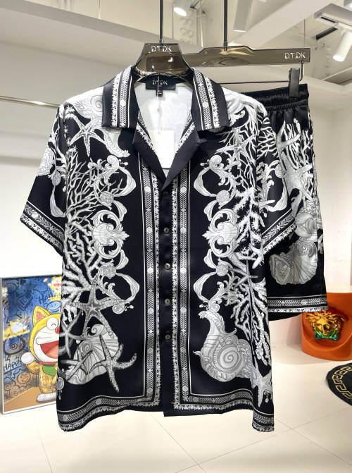 Men's Silk Shirt and Shorts Set with Ocean-Themed Print - Summer Loungewear