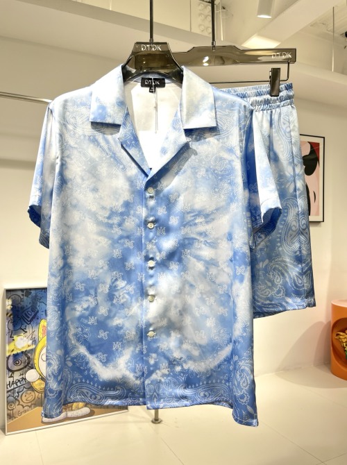 AM Ice Blue Cashew Flower Satin Shirt Set, Plant Fiber Fabric, Loose Fit 1 AM Ice Blue Cashew Flower Satin Shirt Set, Plant Fiber Fabric, Loose Fit