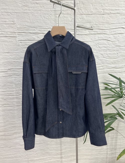 Elegant Denim Shirt with Bow Tie - Soft & Comfortable Denim Cotton Fabric 1 Elegant Denim Shirt with Bow Tie - Soft & Comfortable Denim Cotton Fabric