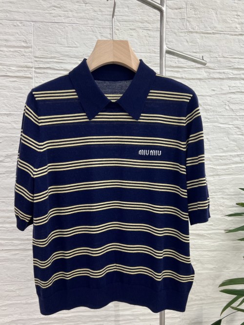 Miu Miu Striped Short Sleeve Cashmere Polo Shirt for Women. Navy Blue 1 Miu Miu Striped Short Sleeve Cashmere Polo Shirt for Women. Navy Blue